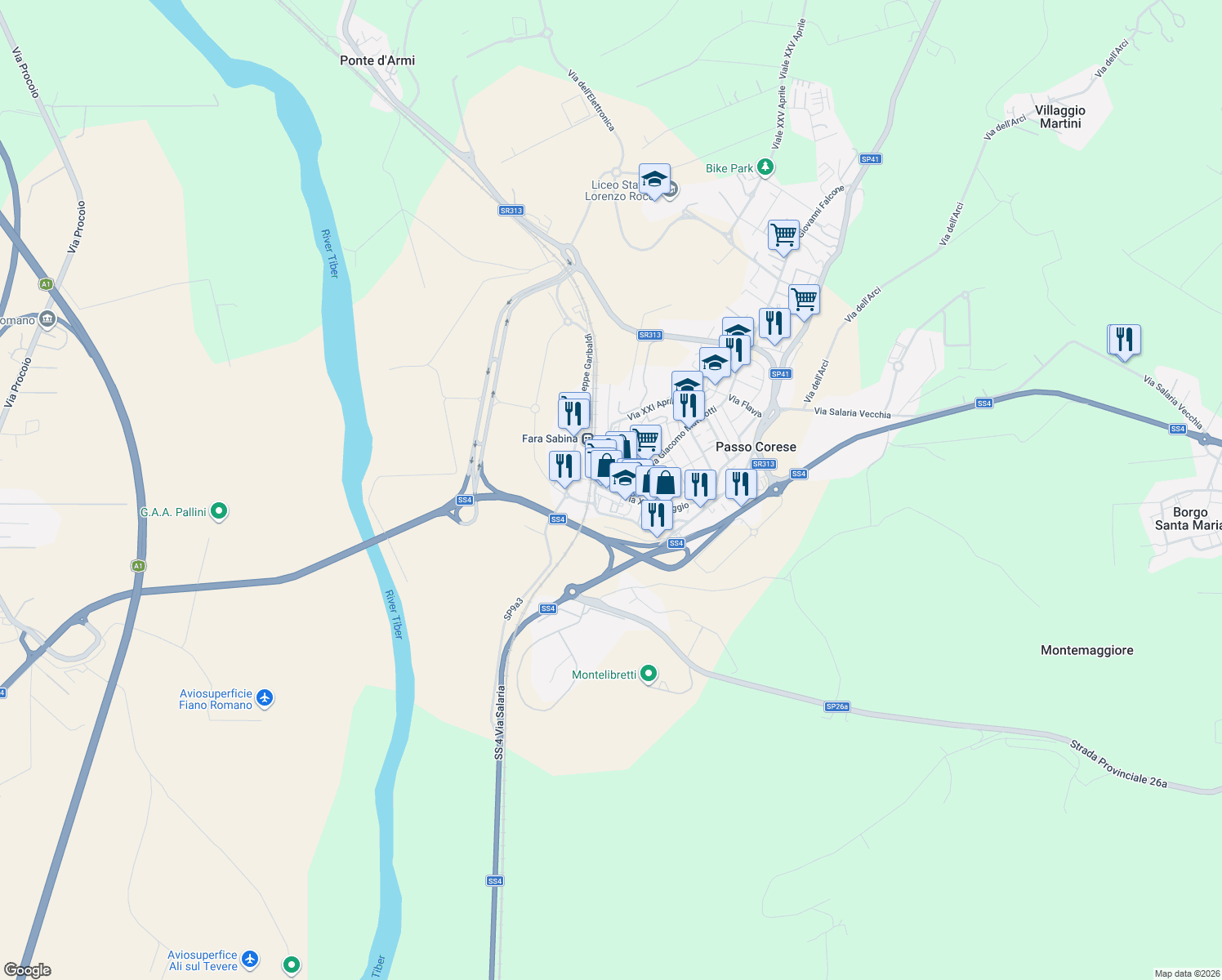 map of restaurants, bars, coffee shops, grocery stores, and more near 8 Largo XXIV Maggio in Passo Corese