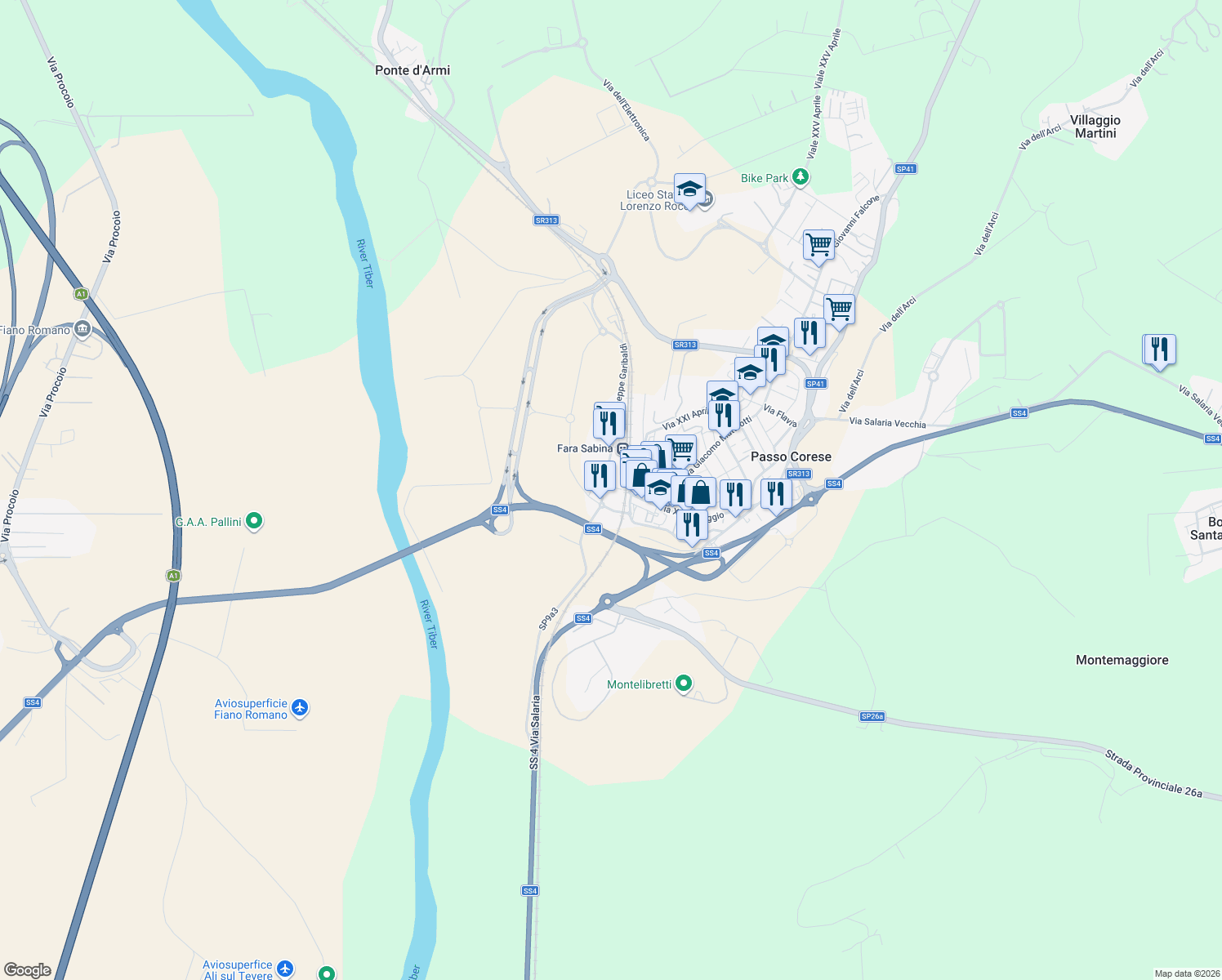 map of restaurants, bars, coffee shops, grocery stores, and more near 2 Via Madonna del Divino Amore in Passo Corese