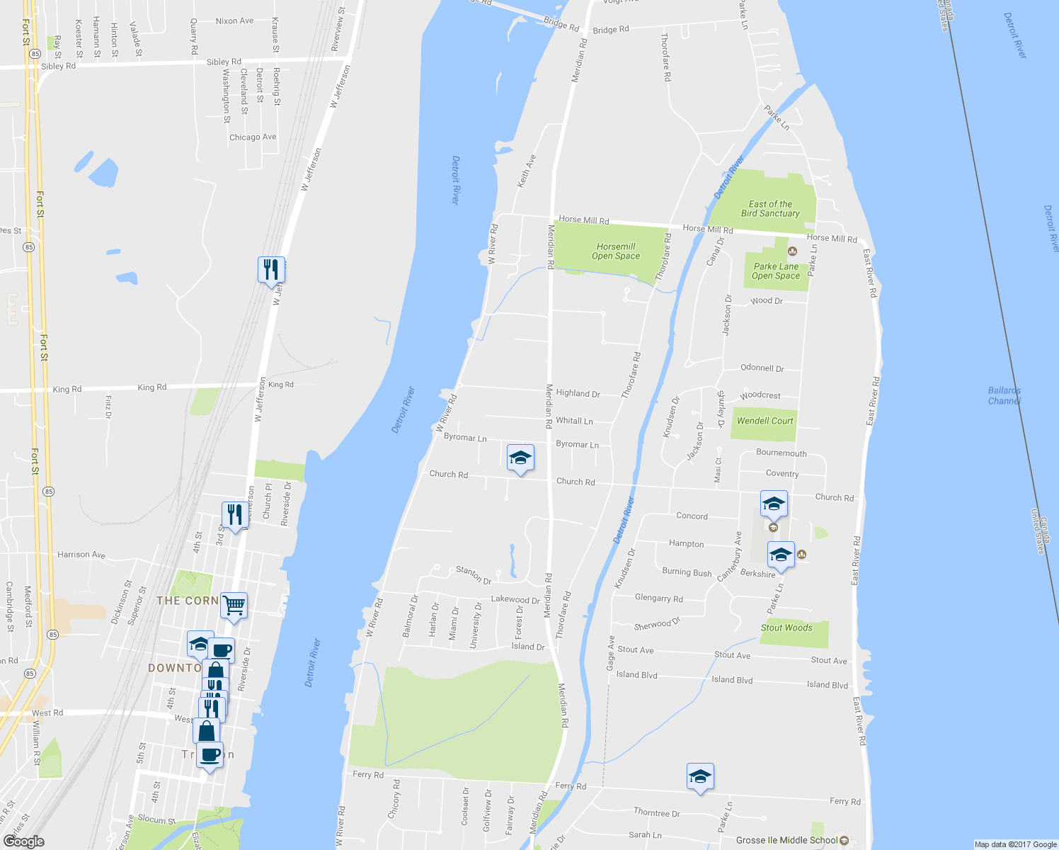 map of restaurants, bars, coffee shops, grocery stores, and more near 9335 Whitall Lane in Grosse Ile Township