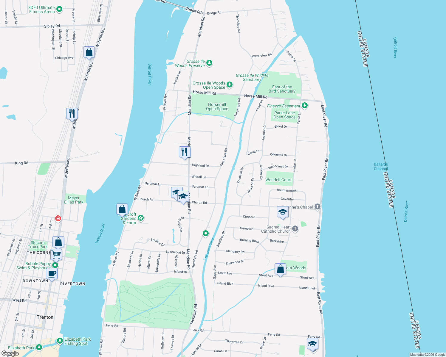 map of restaurants, bars, coffee shops, grocery stores, and more near 21115 Thorofare Rd in Grosse Ile Township