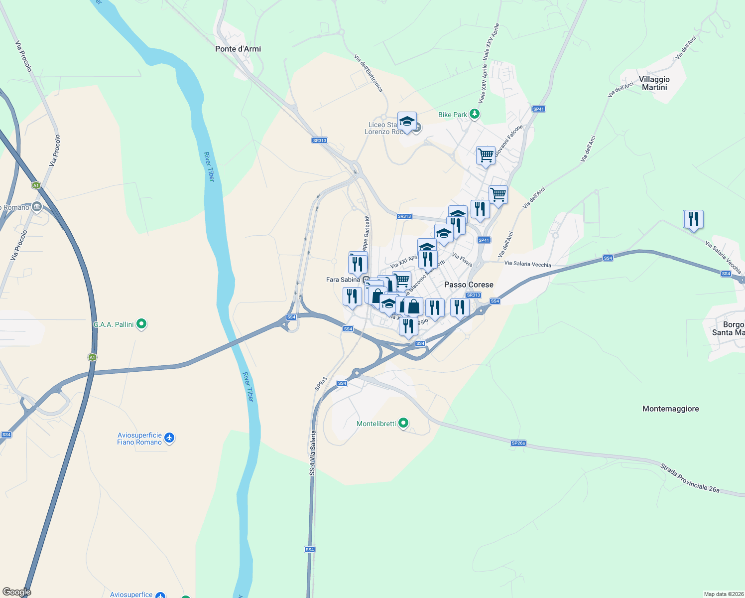 map of restaurants, bars, coffee shops, grocery stores, and more near 2 Via Madonna del Divino Amore in Passo Corese