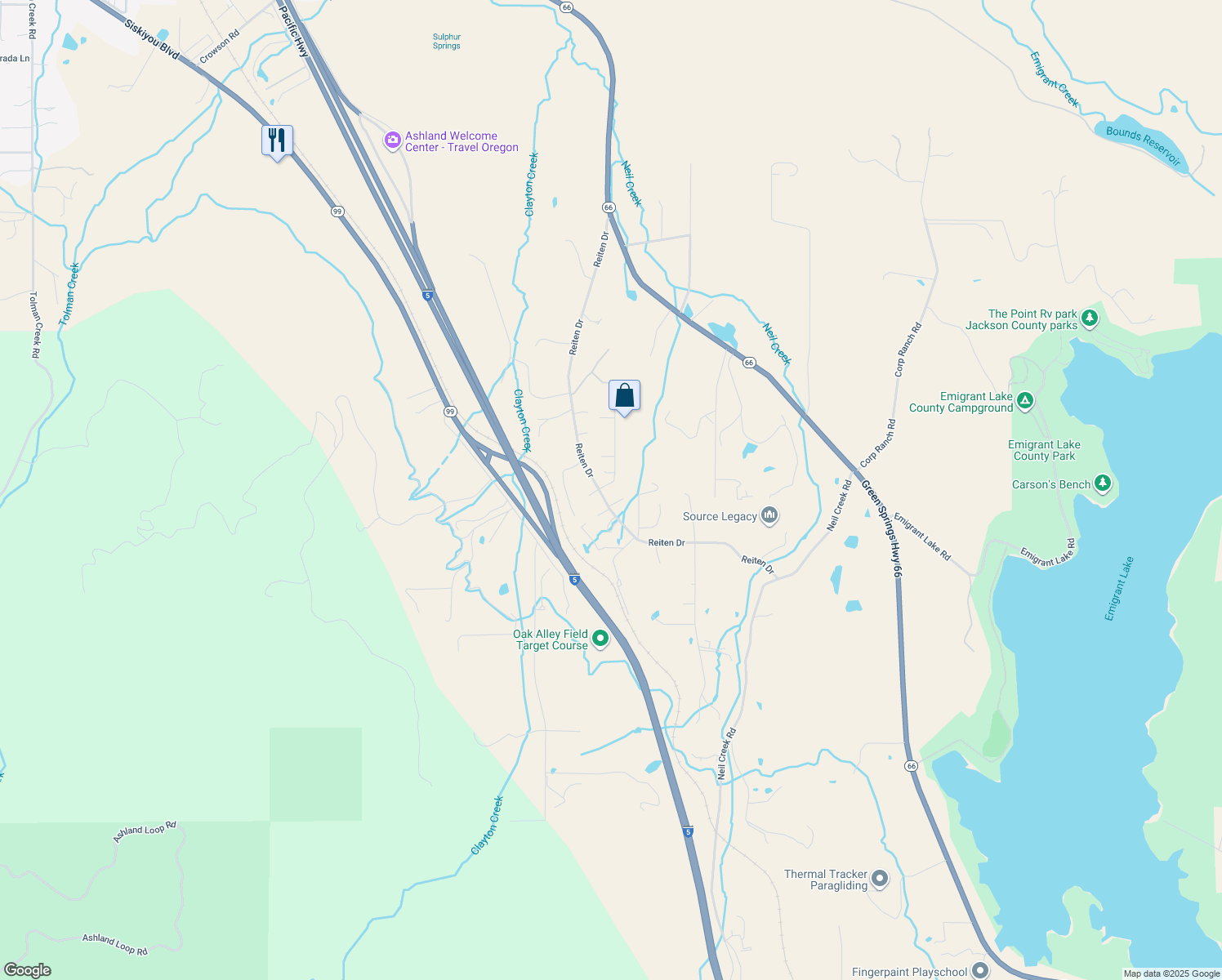 map of restaurants, bars, coffee shops, grocery stores, and more near 695 Reiten Drive in Ashland