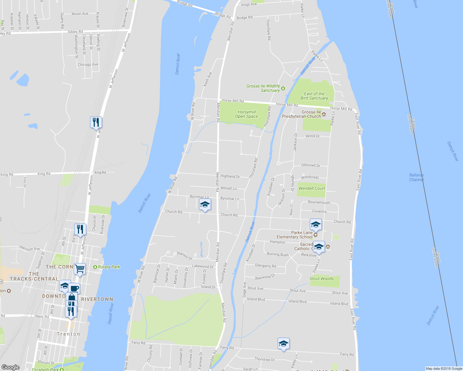map of restaurants, bars, coffee shops, grocery stores, and more near 9208 Whitall Lane in Grosse Ile Township