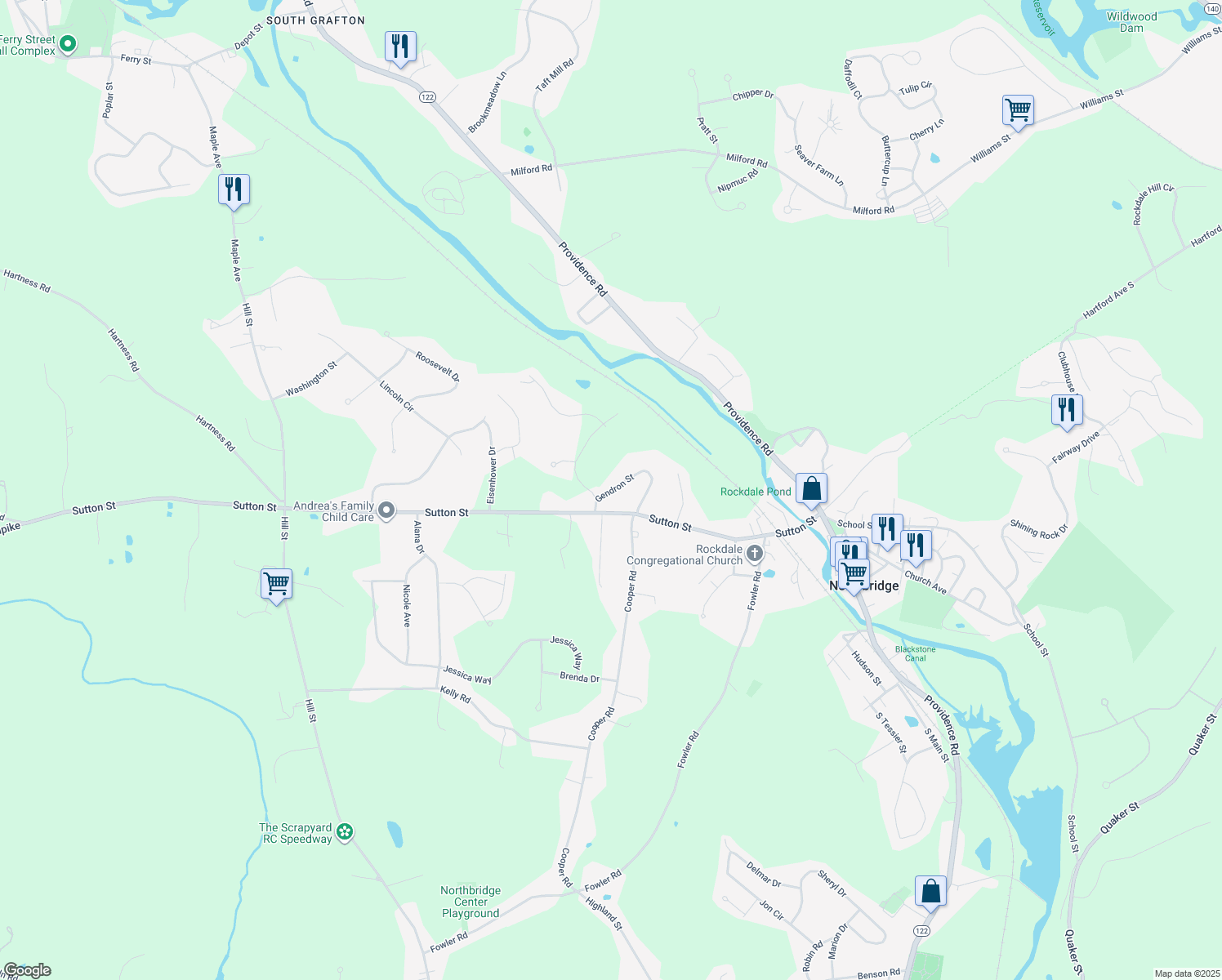 map of restaurants, bars, coffee shops, grocery stores, and more near 63 Gendron Street in Northbridge