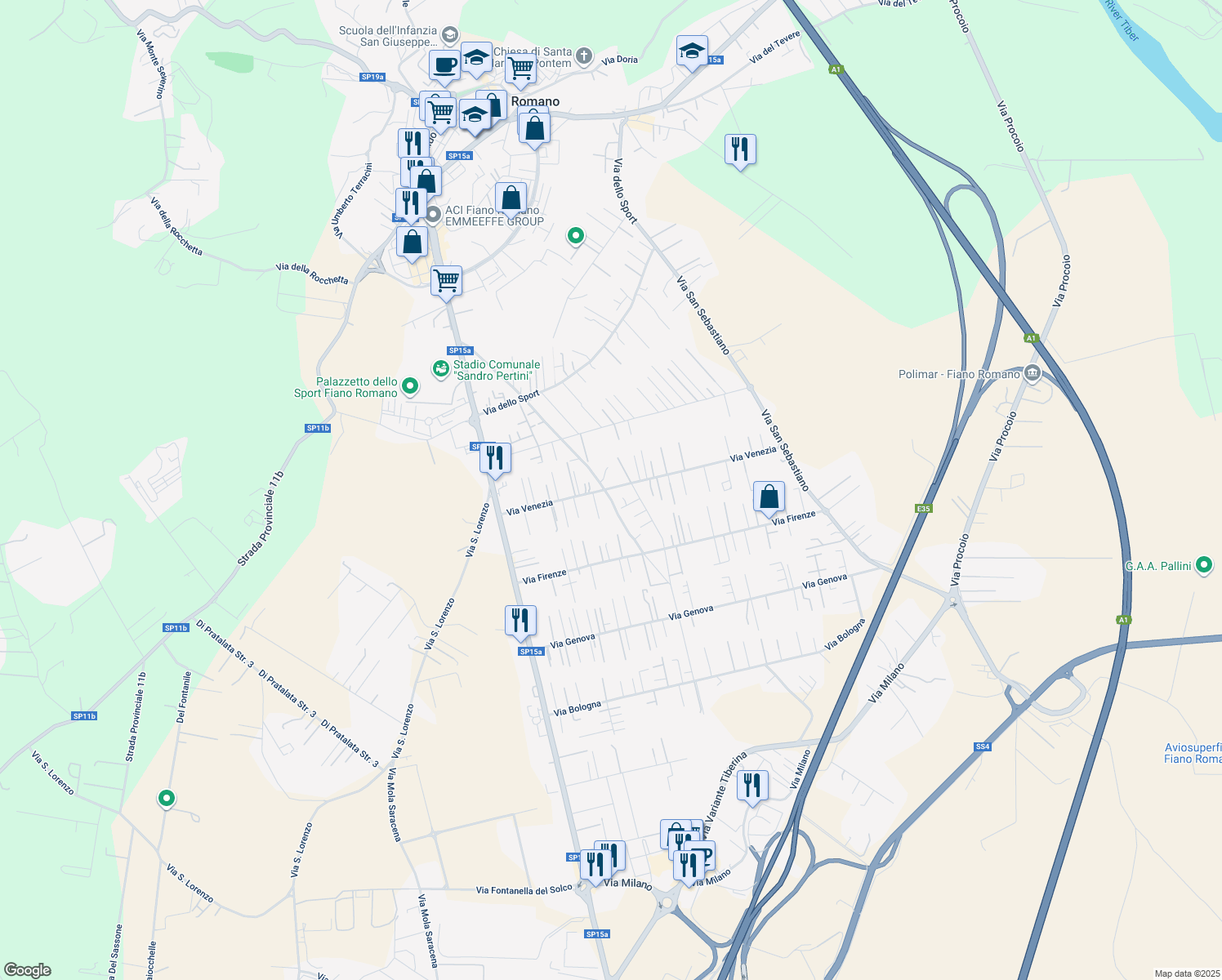 map of restaurants, bars, coffee shops, grocery stores, and more near 33 Via Venezia in Fiano Romano