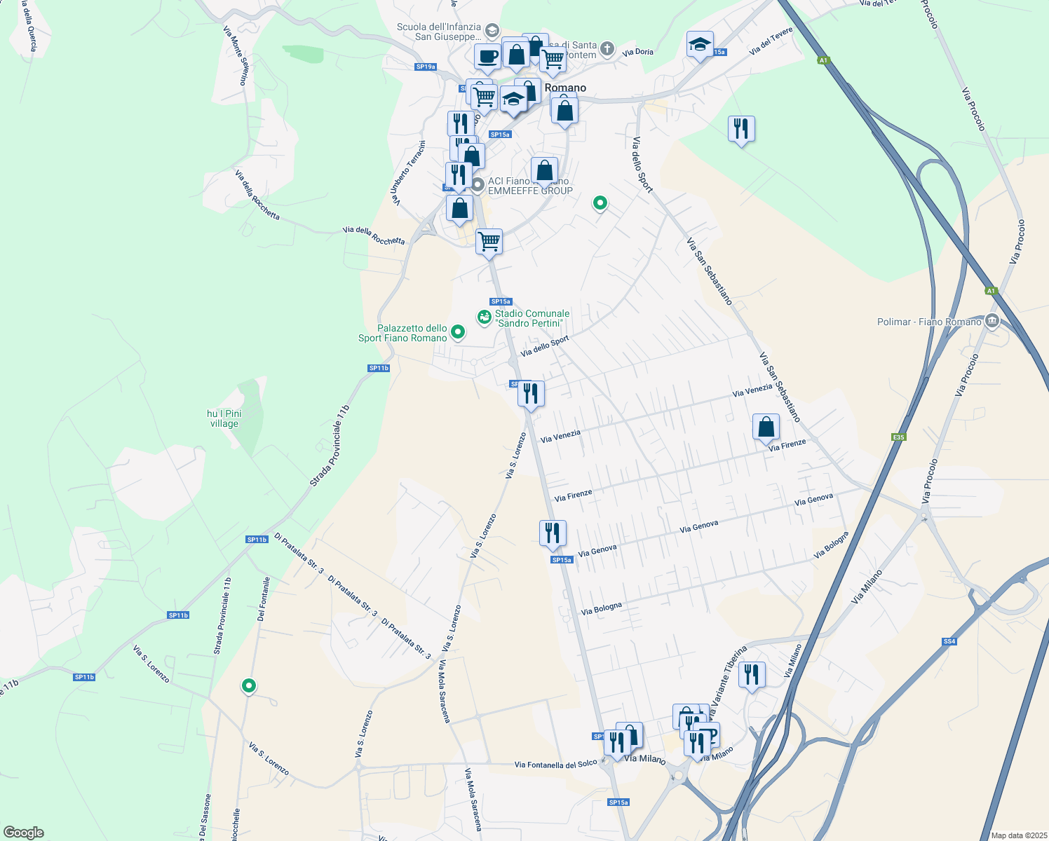 map of restaurants, bars, coffee shops, grocery stores, and more near 90 Strada Provinciale 15a in Fiano Romano