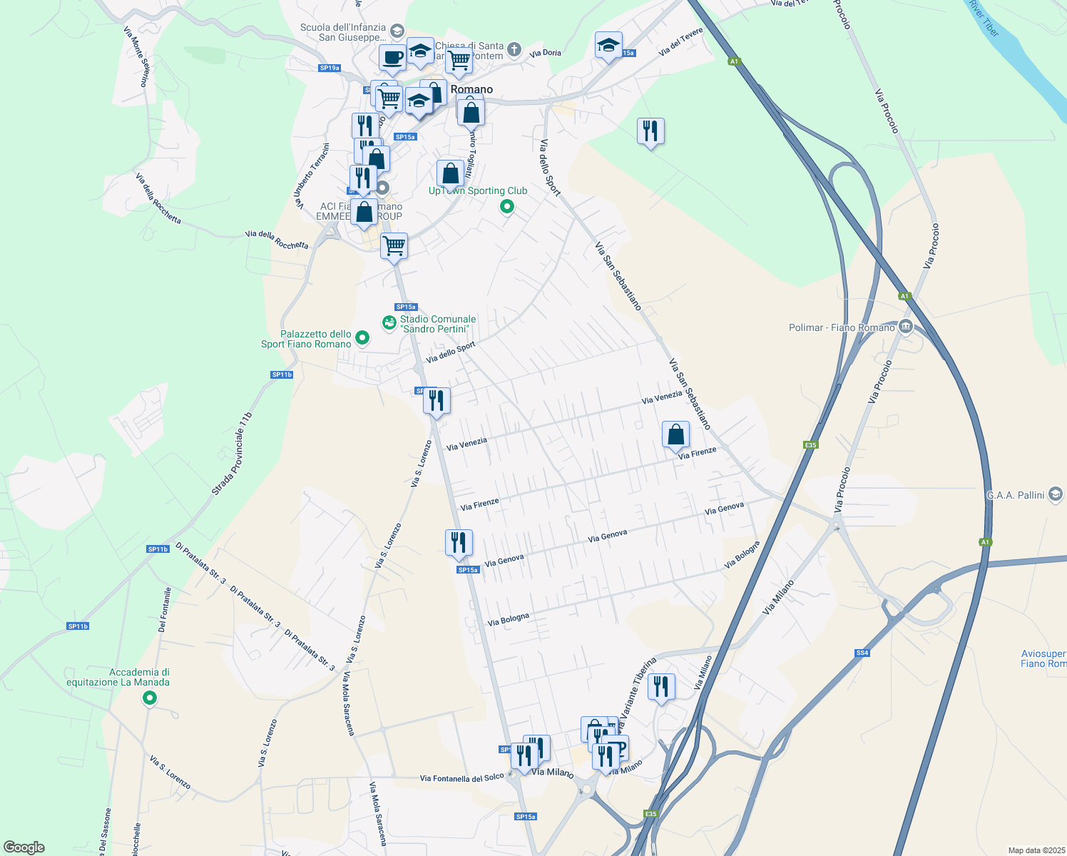 map of restaurants, bars, coffee shops, grocery stores, and more near 19 Via delle Felciare in Fiano Romano