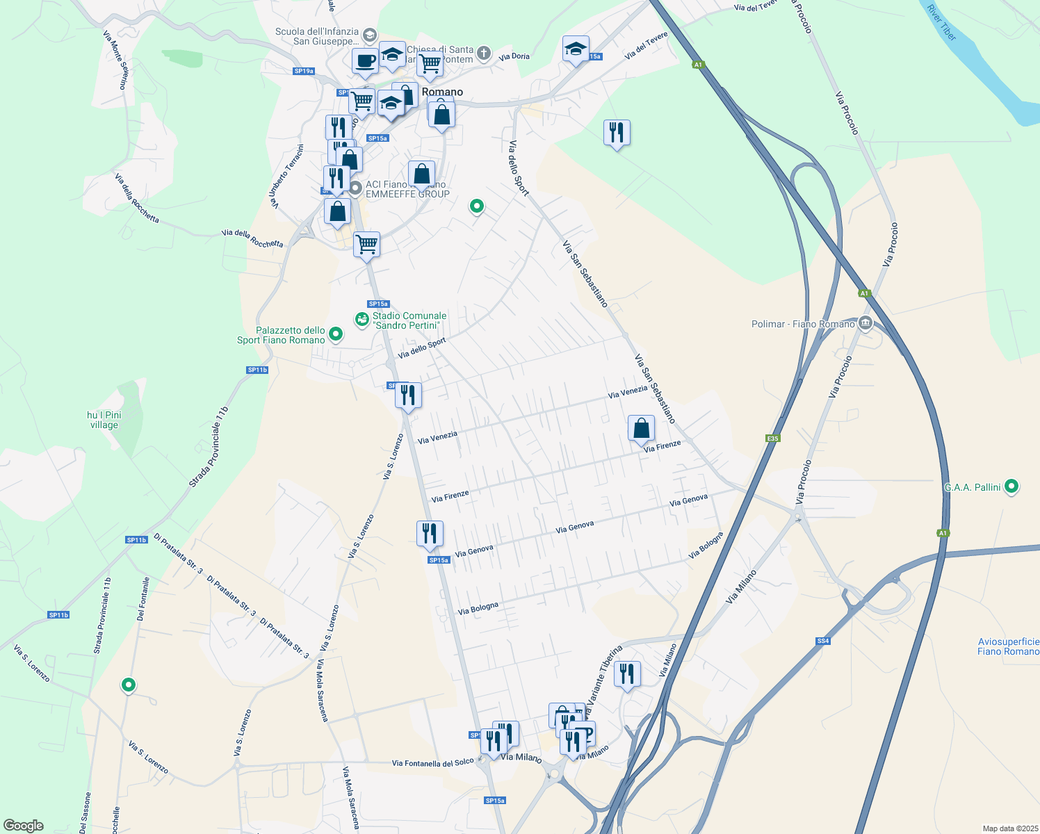 map of restaurants, bars, coffee shops, grocery stores, and more near 33 Via Venezia in Fiano Romano
