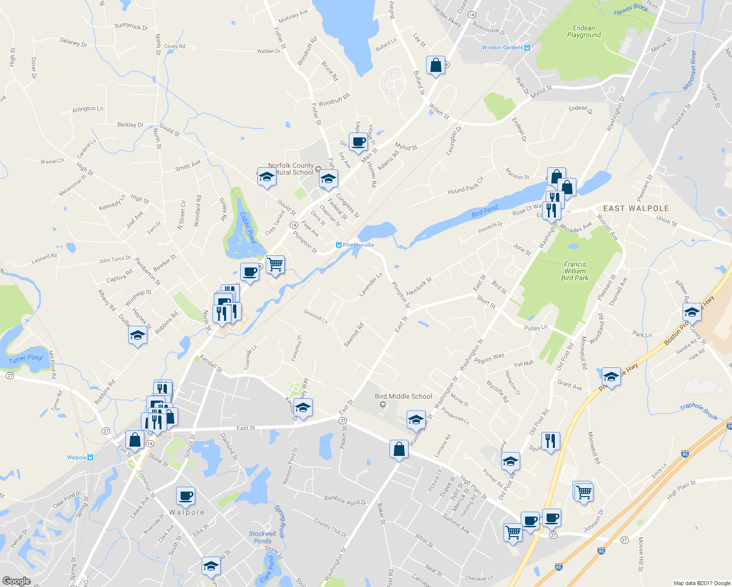 map of restaurants, bars, coffee shops, grocery stores, and more near 16 Lavender Lane in Walpole