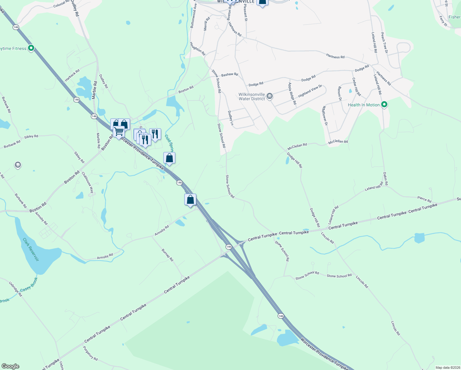 map of restaurants, bars, coffee shops, grocery stores, and more near 93 Stone School Road in Sutton