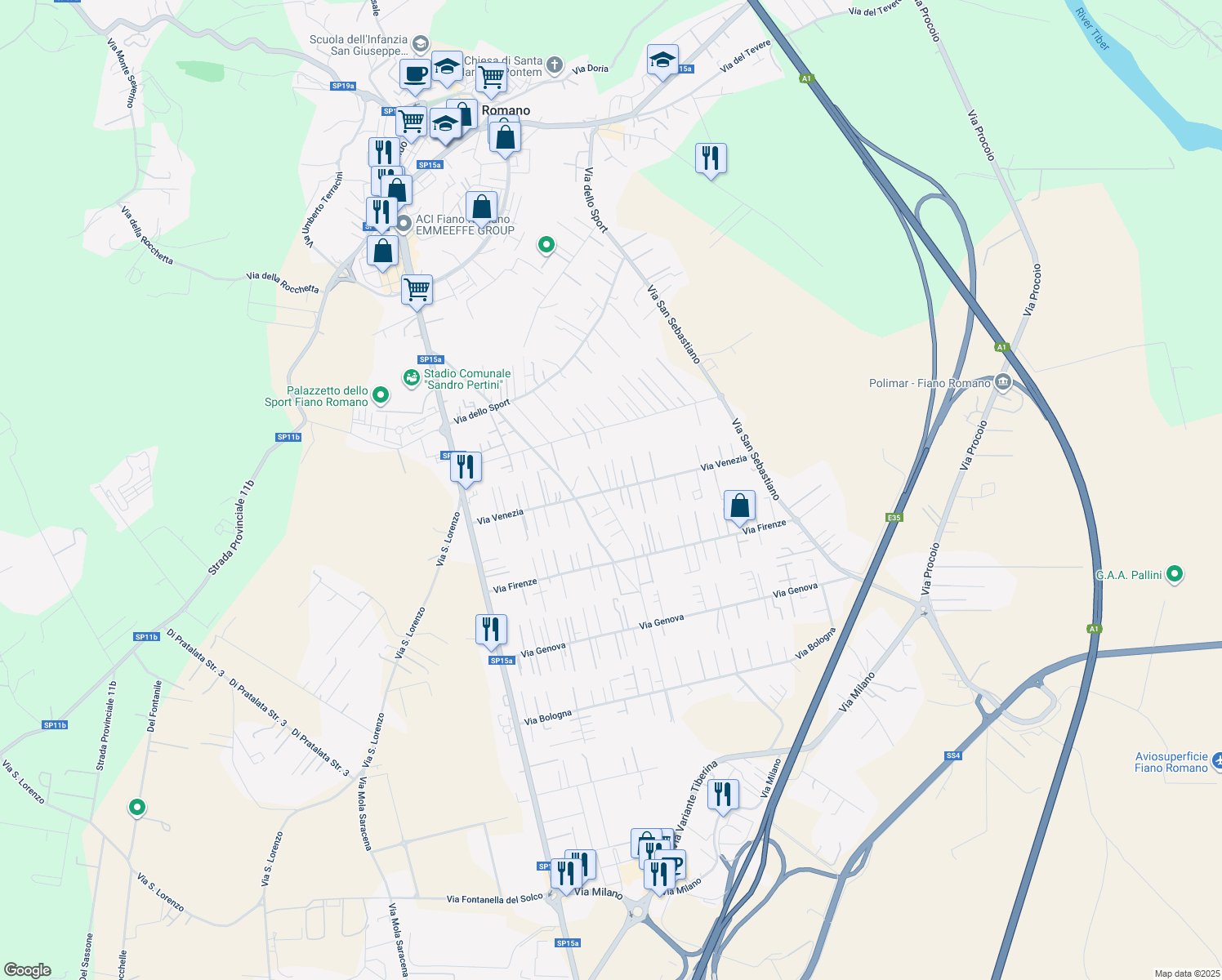 map of restaurants, bars, coffee shops, grocery stores, and more near 33 Via Venezia in Fiano Romano