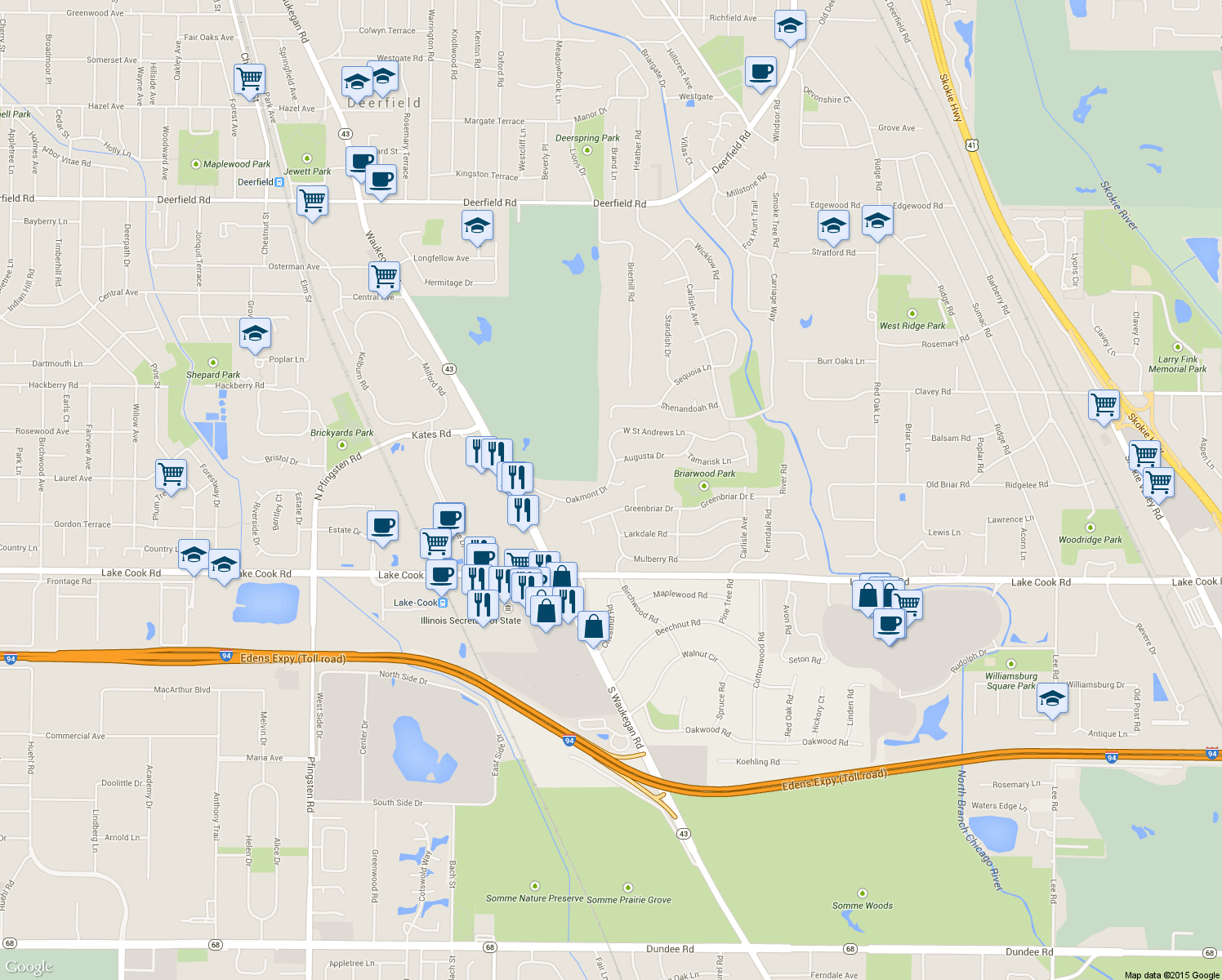 map of restaurants, bars, coffee shops, grocery stores, and more near 165 Exmoor Court in Deerfield
