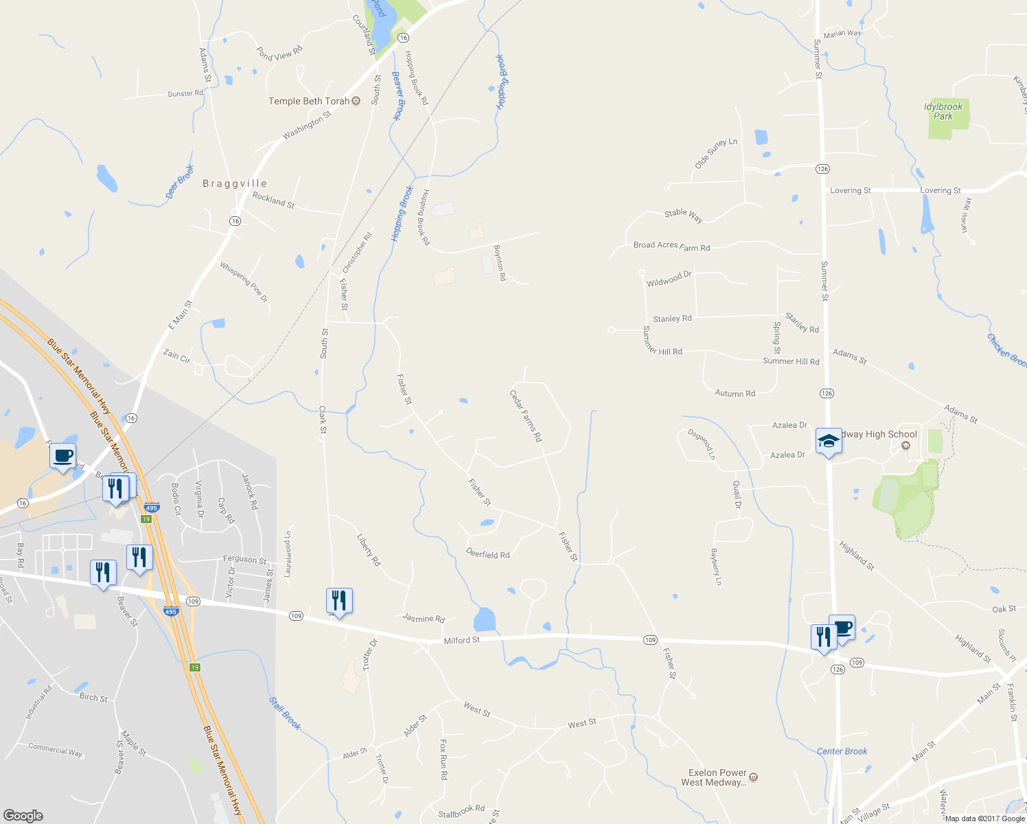 map of restaurants, bars, coffee shops, grocery stores, and more near 23 Cedar Farms Road in Medway