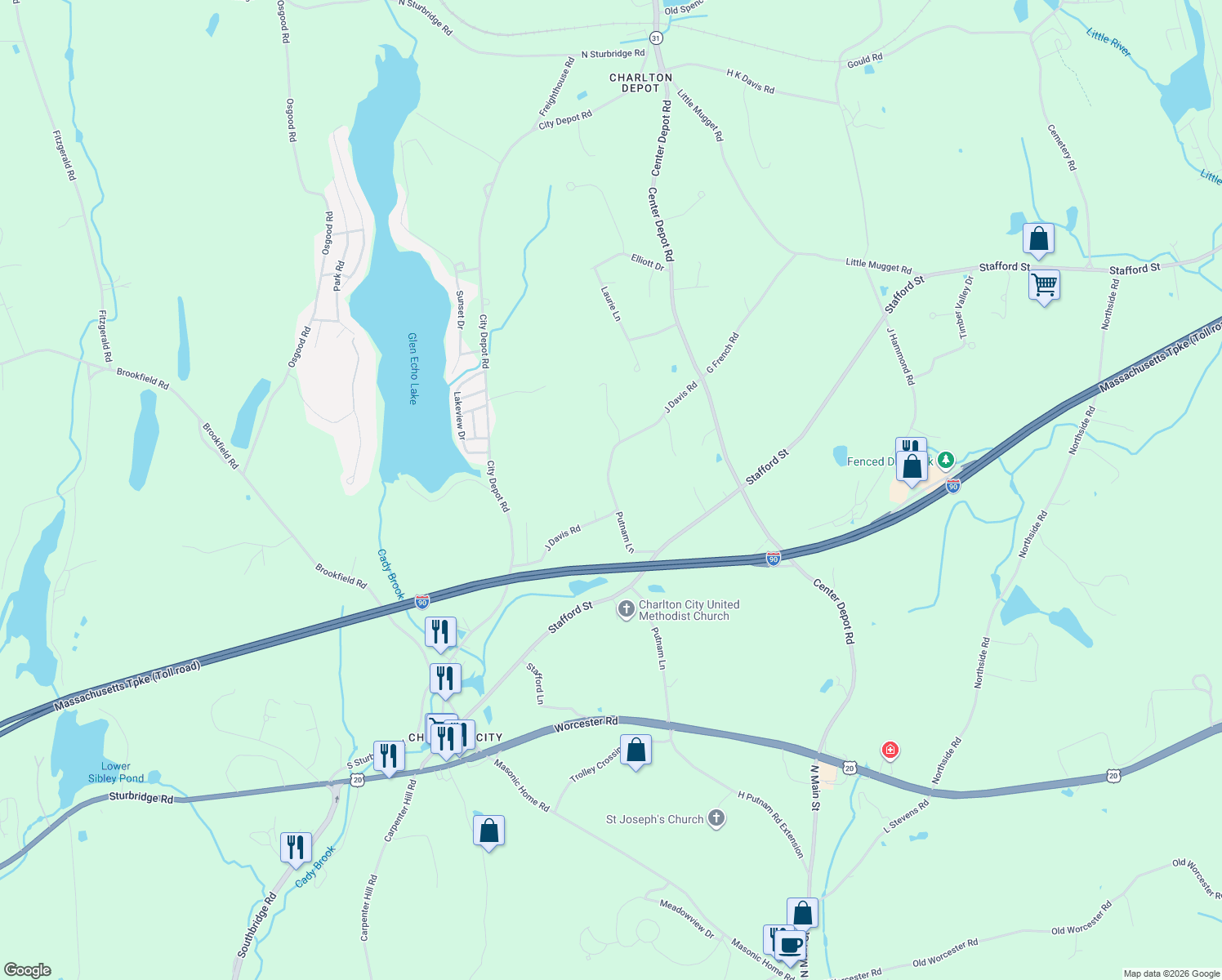 map of restaurants, bars, coffee shops, grocery stores, and more near 37 J Davis Road in Charlton