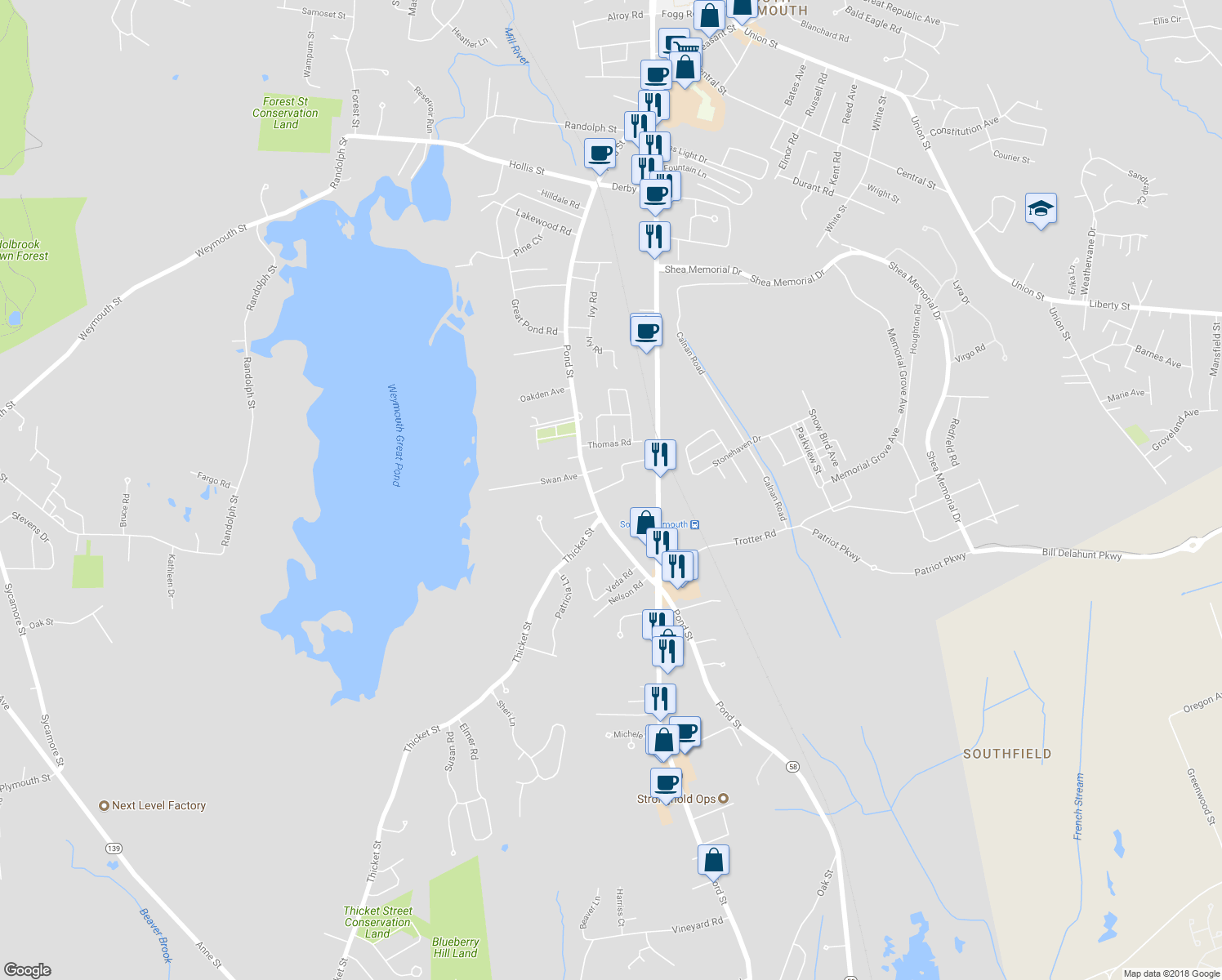 map of restaurants, bars, coffee shops, grocery stores, and more near 23 Barbara Lane in Weymouth
