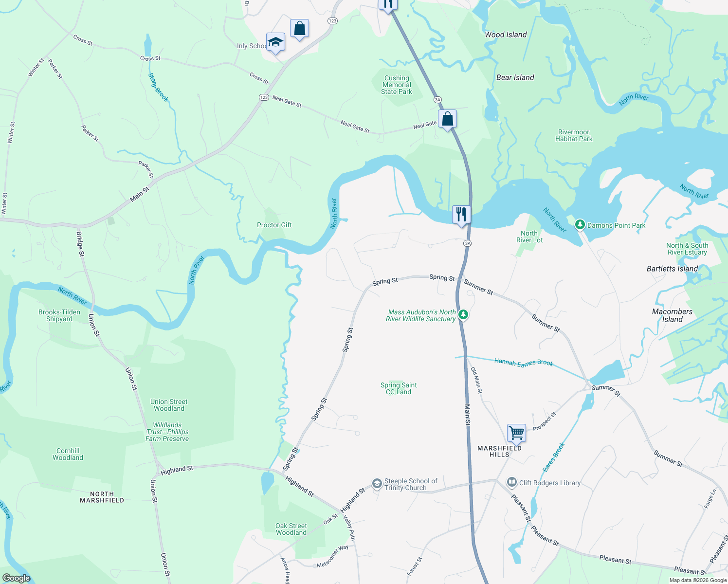 map of restaurants, bars, coffee shops, grocery stores, and more near 40 Riverside Circle in Marshfield
