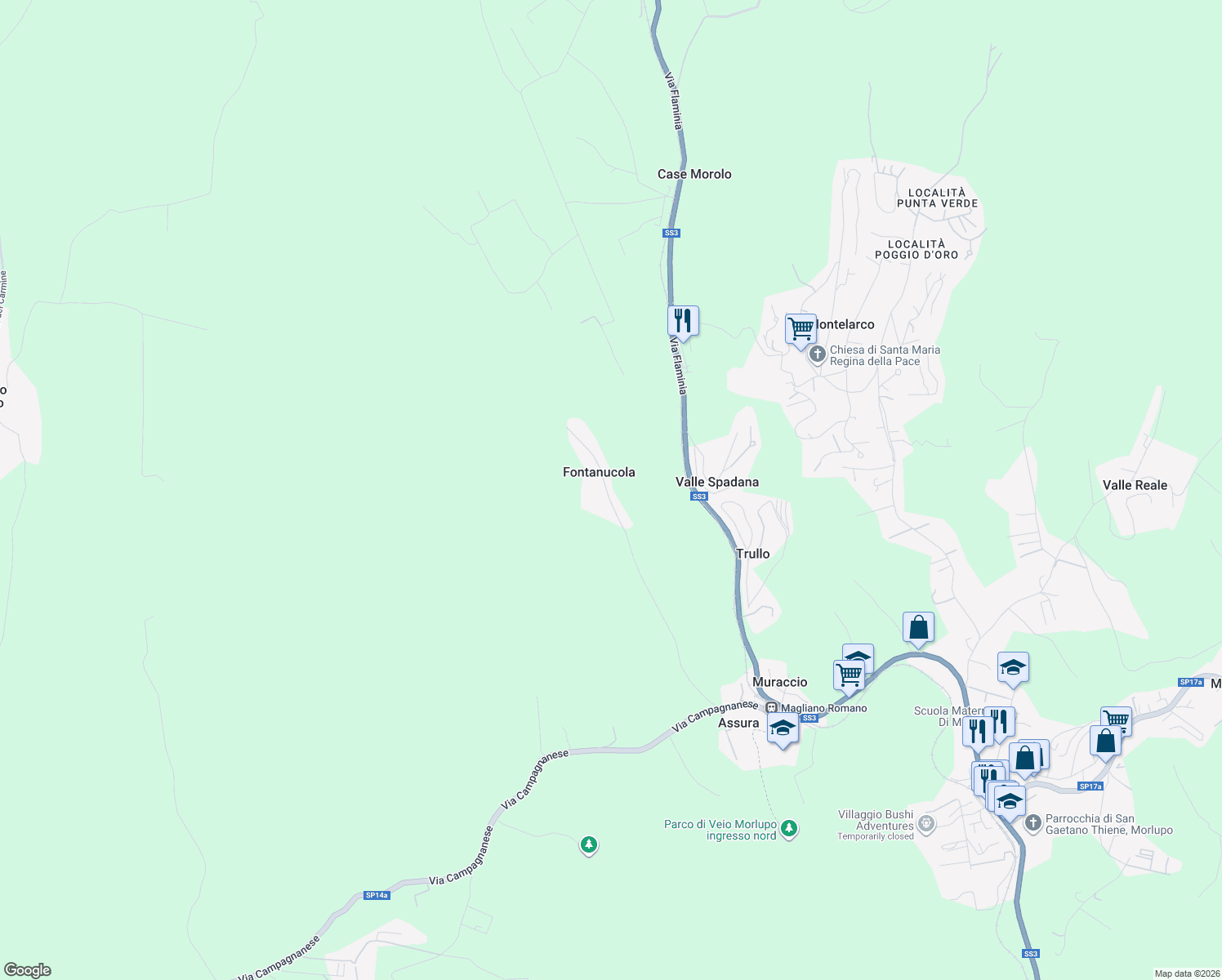map of restaurants, bars, coffee shops, grocery stores, and more near 50 Via Fontanucola in Fontanucola