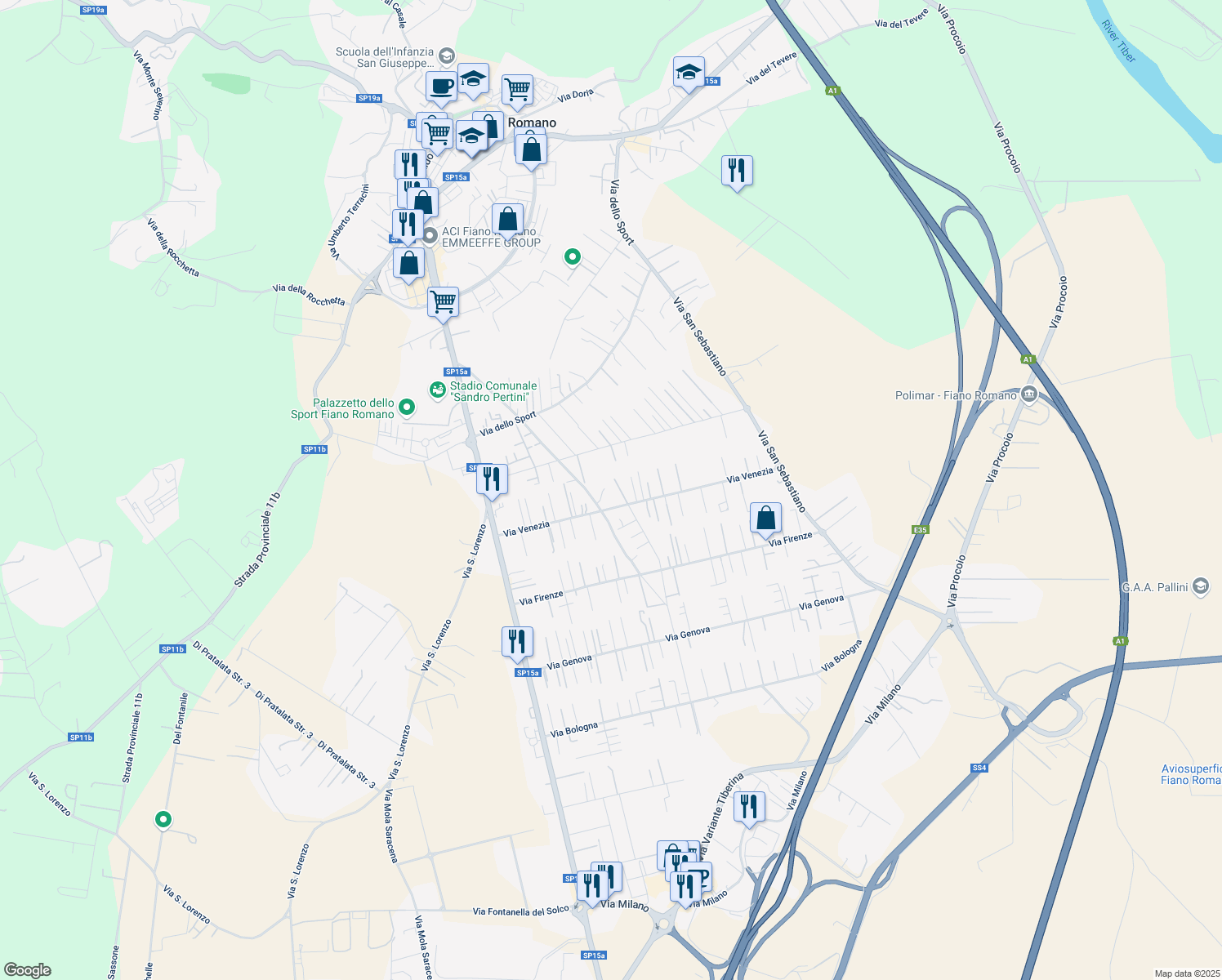 map of restaurants, bars, coffee shops, grocery stores, and more near 19 Via delle Felciare in Fiano Romano