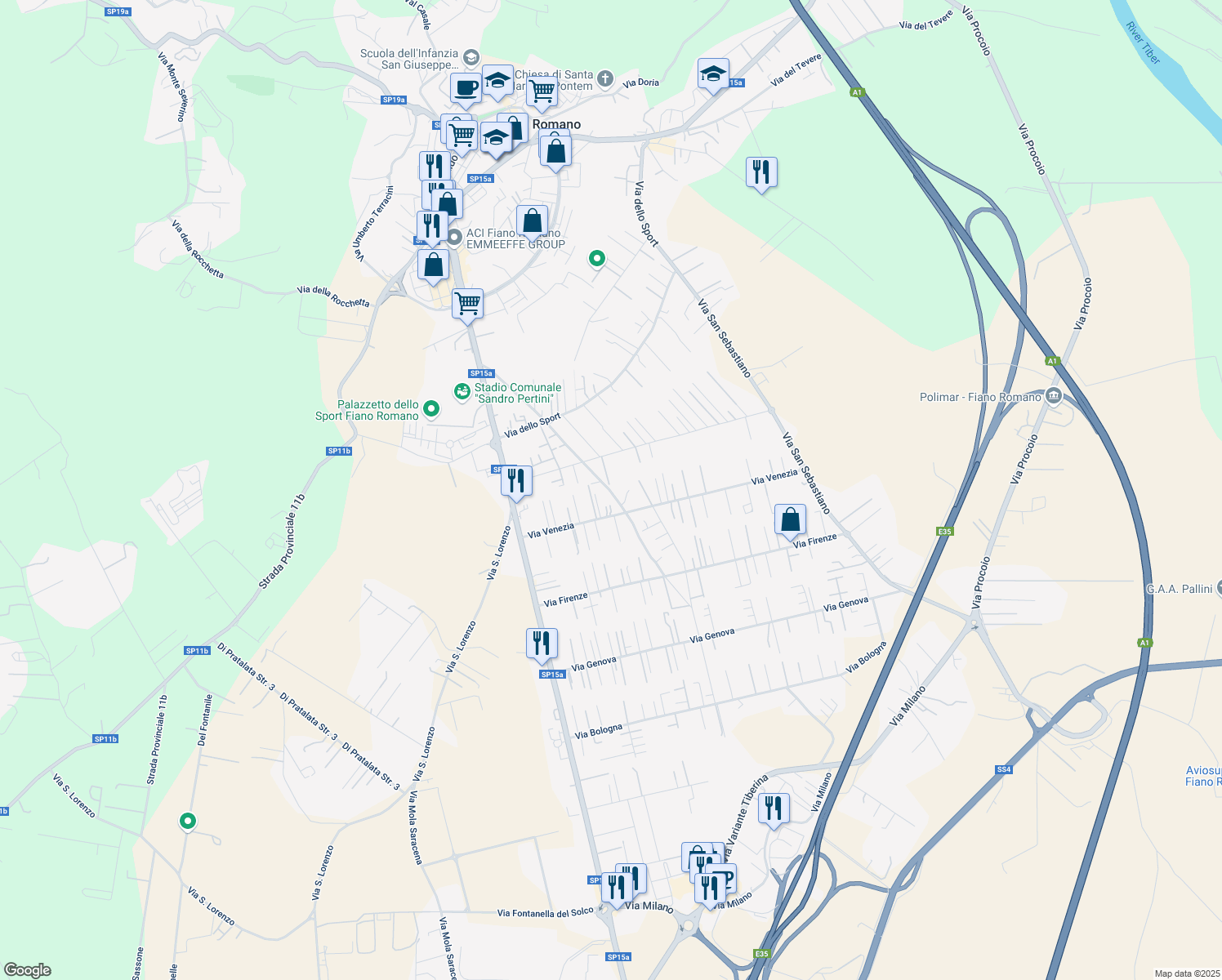 map of restaurants, bars, coffee shops, grocery stores, and more near 19 Via delle Felciare in Fiano Romano