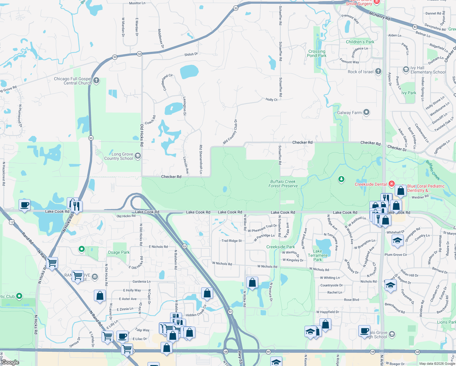 map of restaurants, bars, coffee shops, grocery stores, and more near 19255 West Checker Road in Lake Zurich