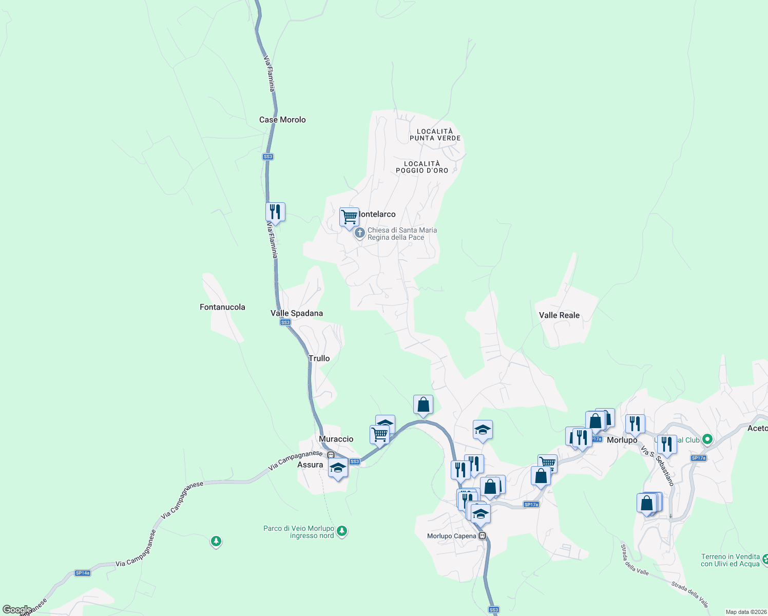 map of restaurants, bars, coffee shops, grocery stores, and more near 3 Piazza Sigma in Montelarco