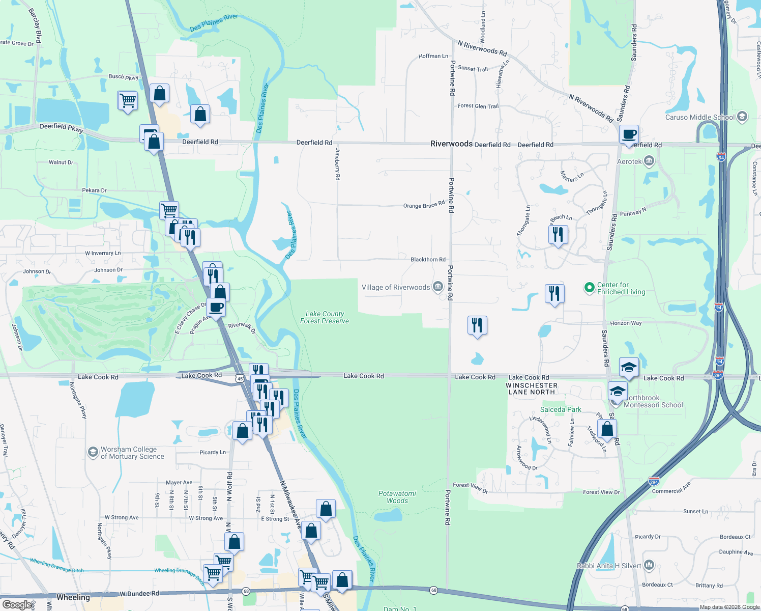 map of restaurants, bars, coffee shops, grocery stores, and more near 2500 Greenbriar Lane in Riverwoods