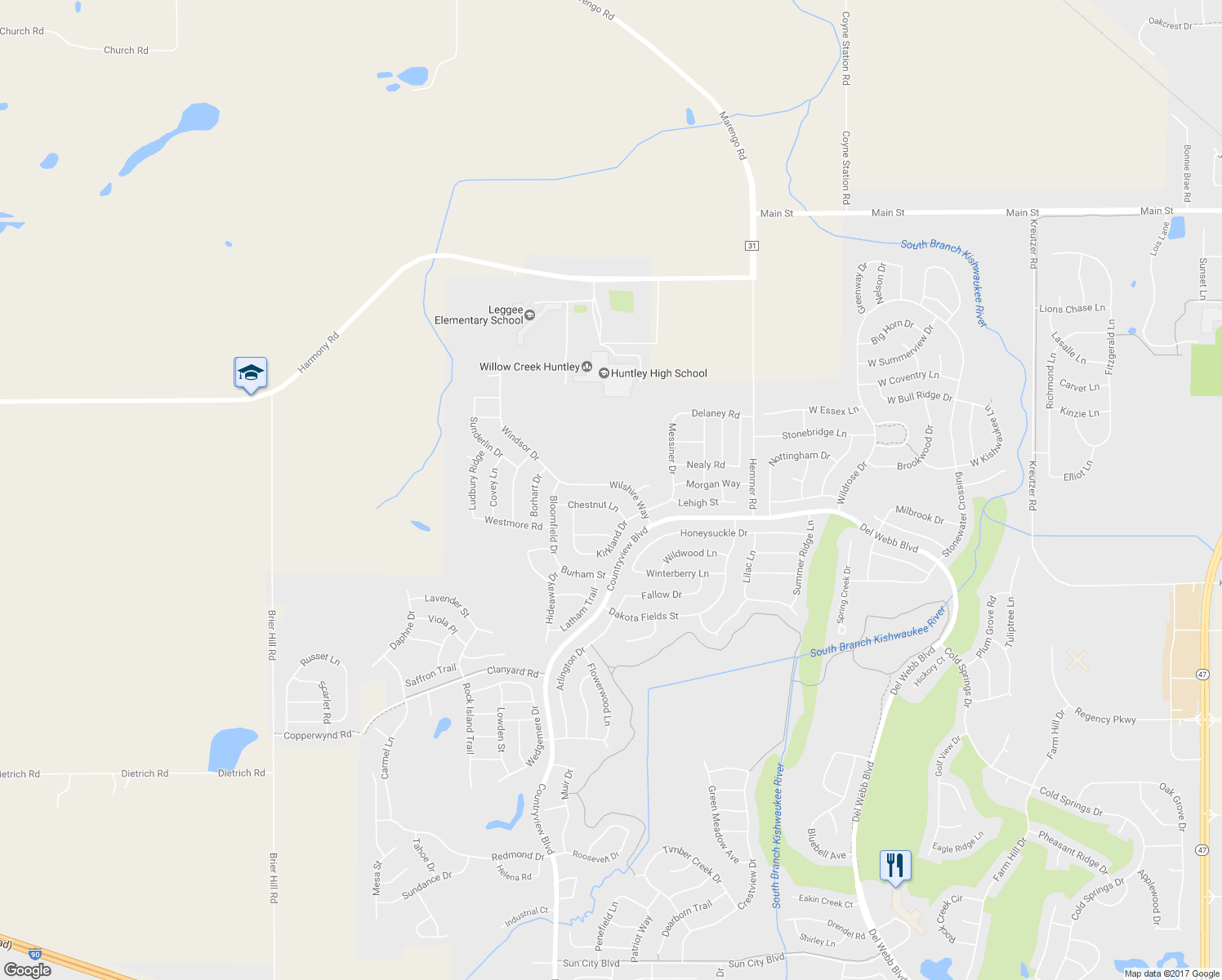 map of restaurants, bars, coffee shops, grocery stores, and more near 13725 Wilshire Way in Huntley