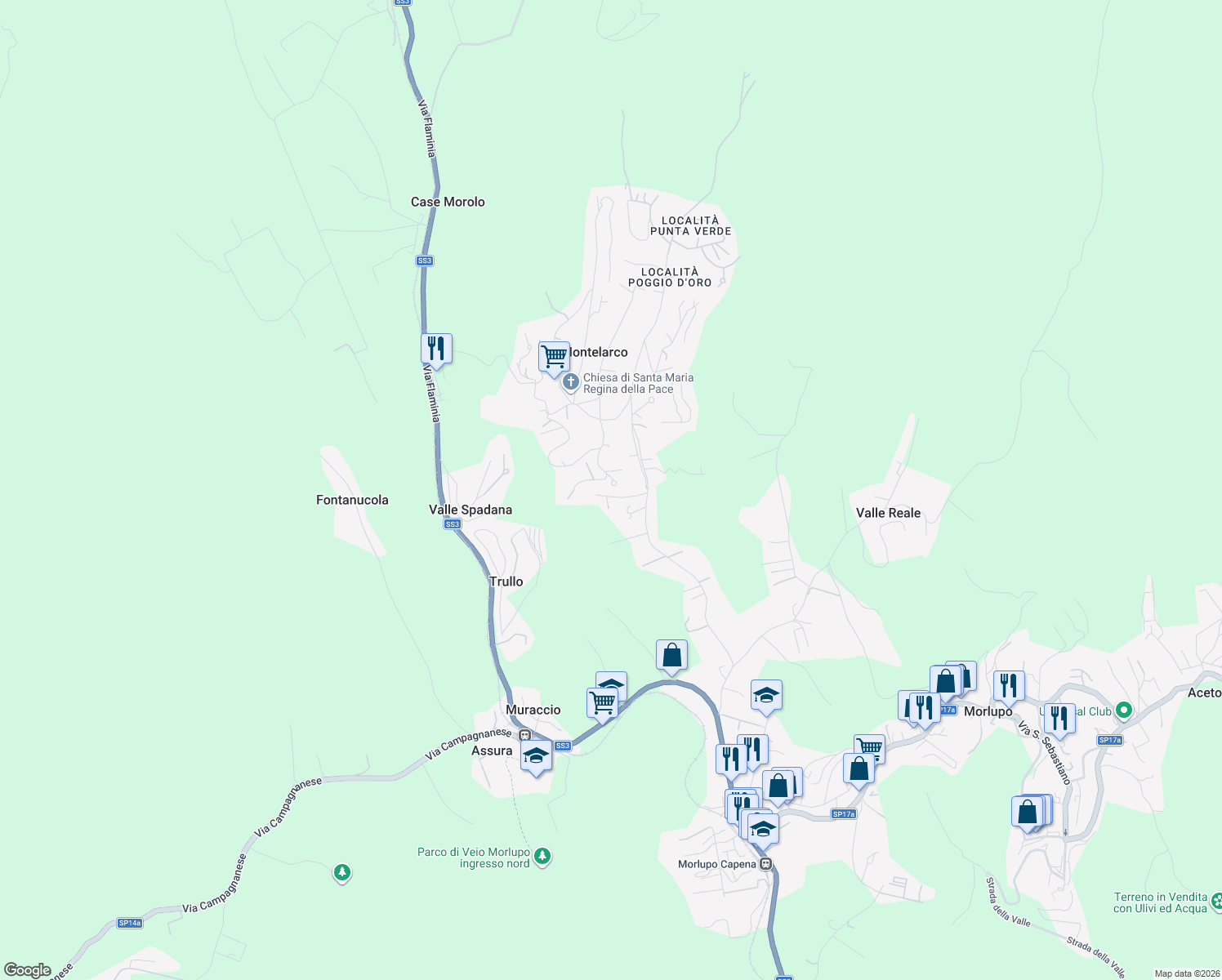 map of restaurants, bars, coffee shops, grocery stores, and more near 3 Piazza Sigma in Montelarco