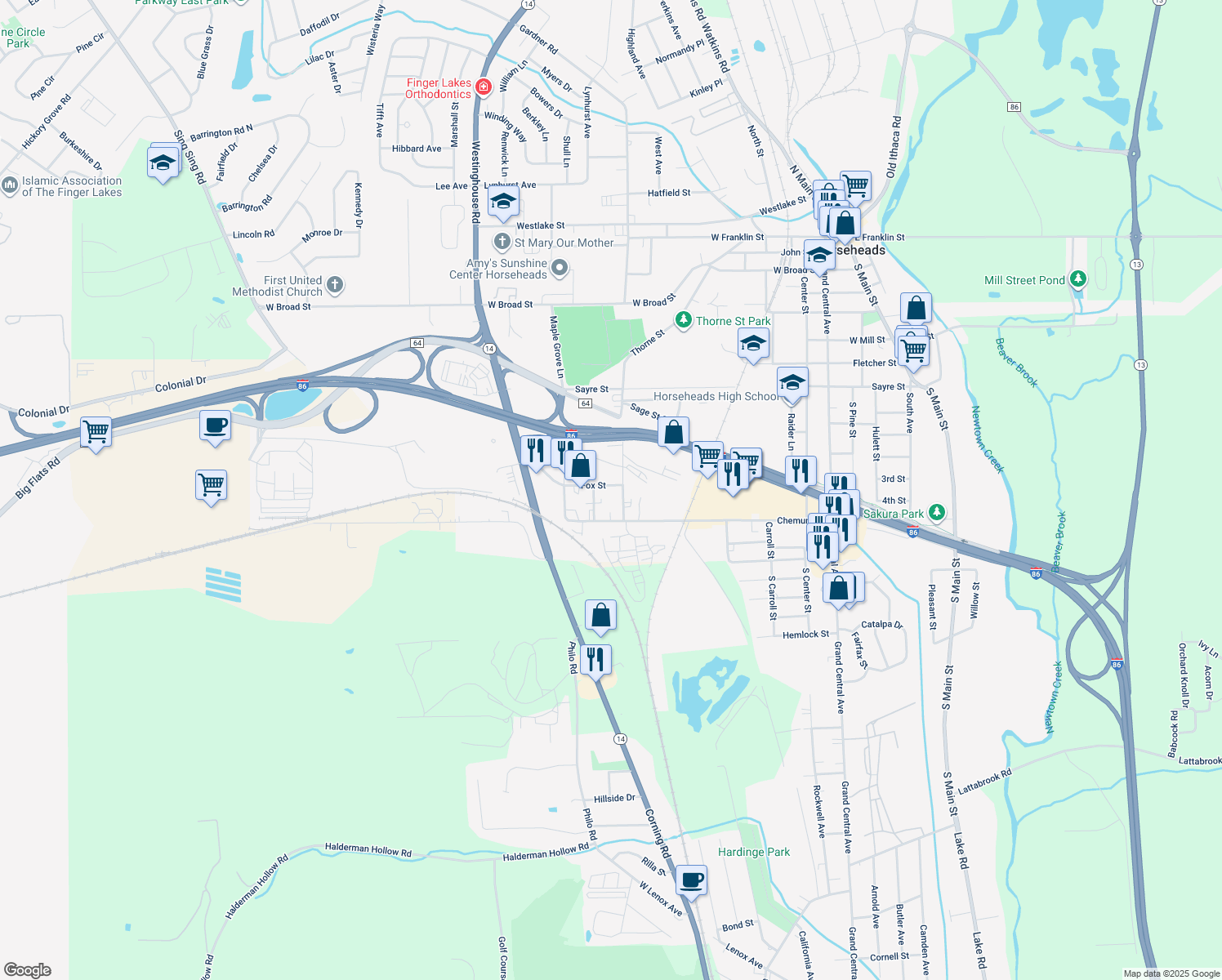 map of restaurants, bars, coffee shops, grocery stores, and more near 709 Fox St in Horseheads