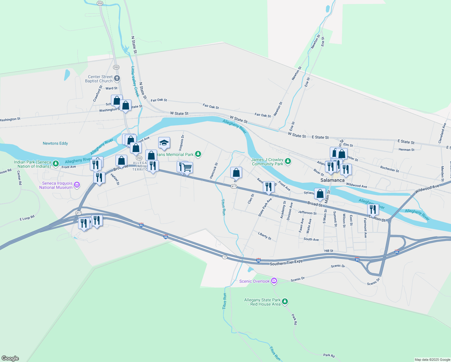 map of restaurants, bars, coffee shops, grocery stores, and more near 402 Broad Street in Salamanca