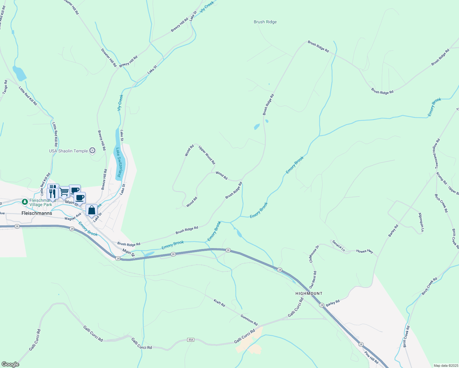 map of restaurants, bars, coffee shops, grocery stores, and more near 104 Wood Road in Sidney