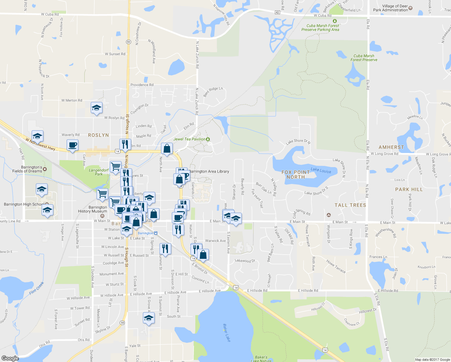map of restaurants, bars, coffee shops, grocery stores, and more near 486 Paul Circle in Barrington