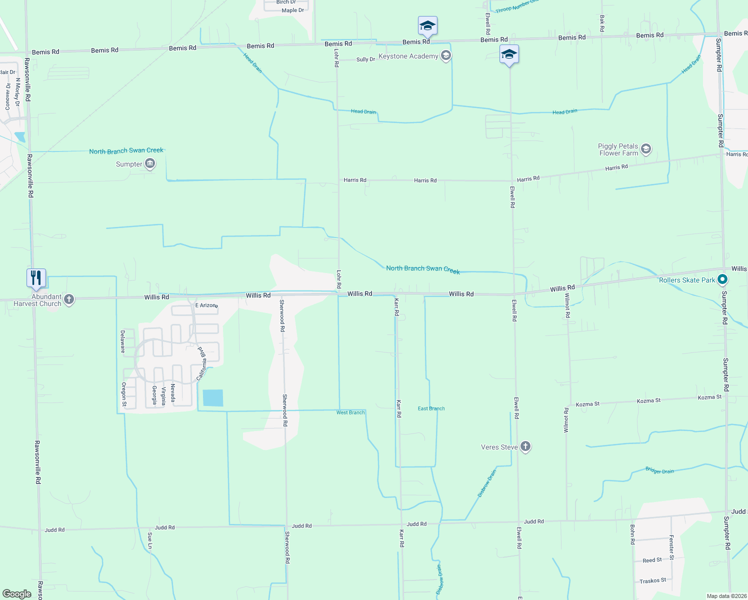 map of restaurants, bars, coffee shops, grocery stores, and more near 48601 Willis Road in Belleville