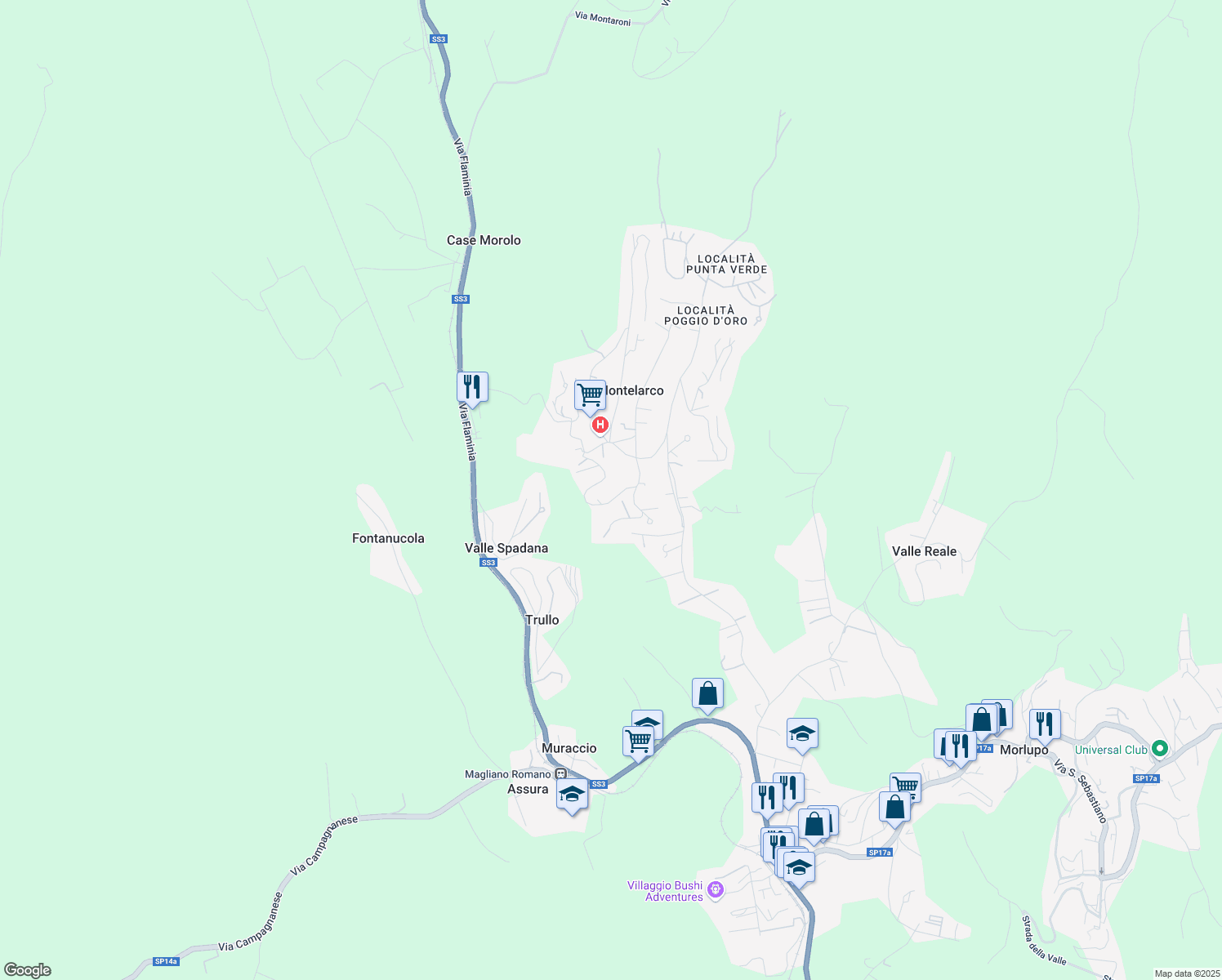 map of restaurants, bars, coffee shops, grocery stores, and more near 3 Via della Lira in Montelarco