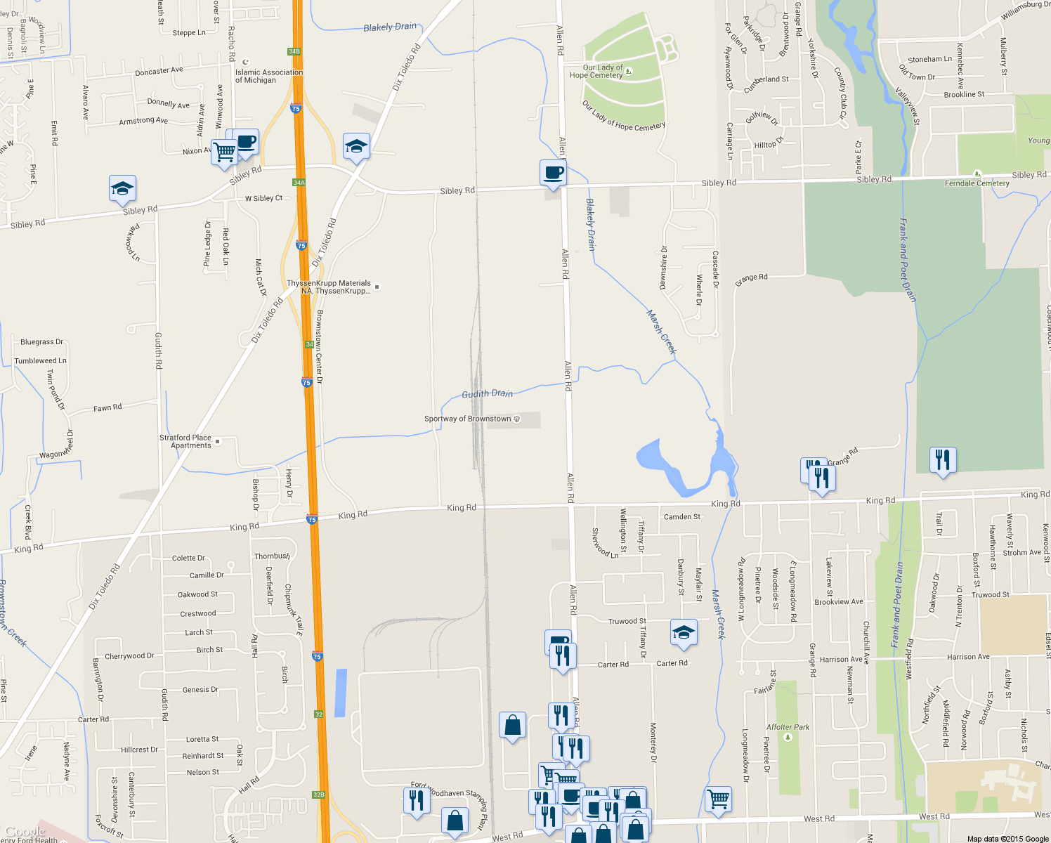 map of restaurants, bars, coffee shops, grocery stores, and more near 19640 Allen Road in Brownstown Charter Township