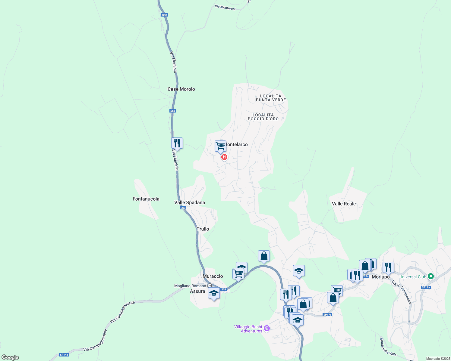 map of restaurants, bars, coffee shops, grocery stores, and more near 3 Via della Lira in Montelarco