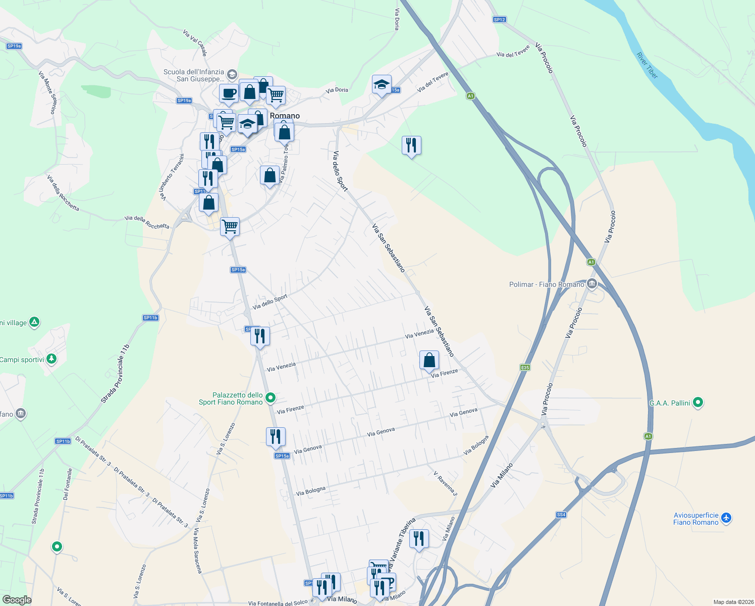 map of restaurants, bars, coffee shops, grocery stores, and more near 69 Via Padova in Fiano Romano