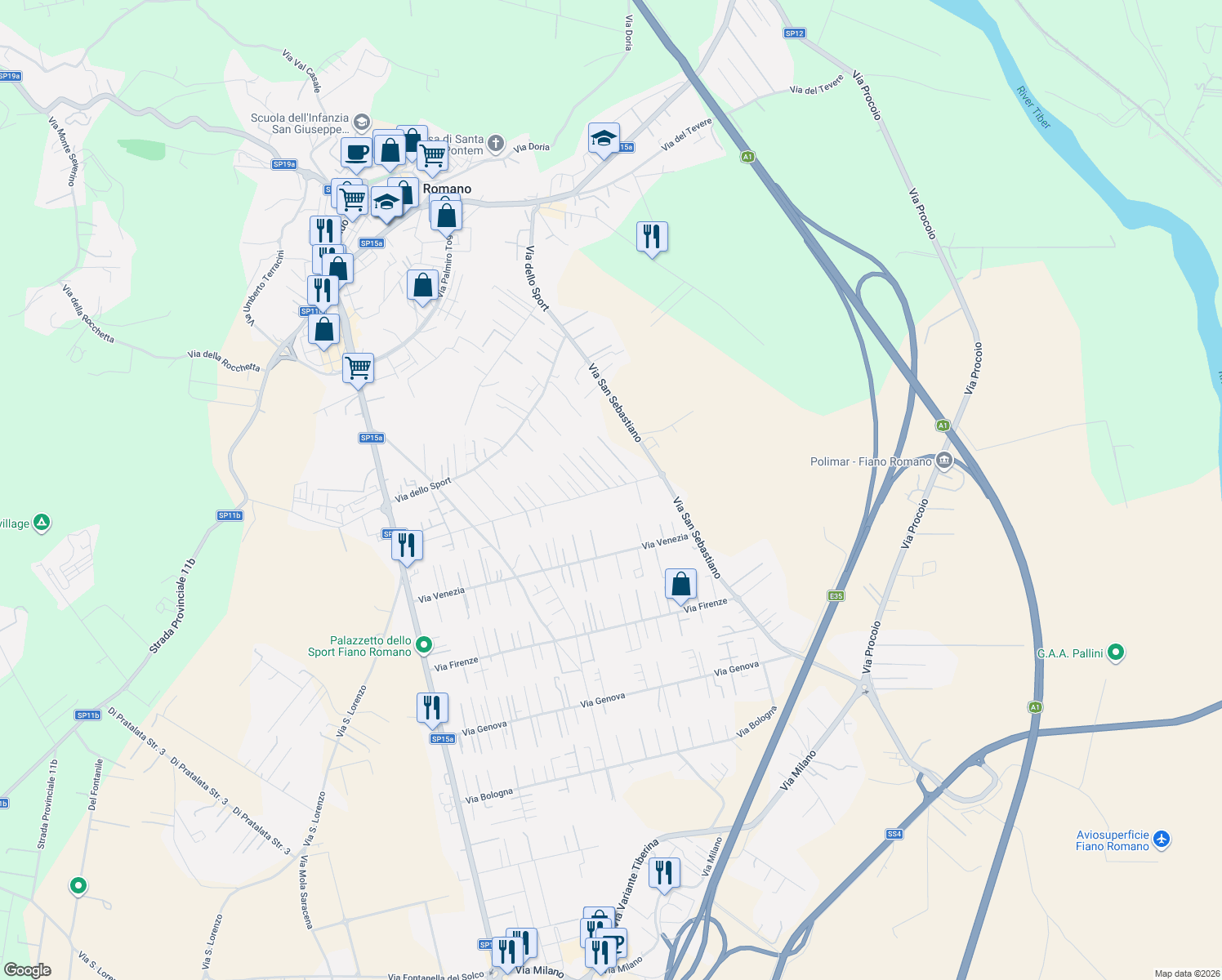 map of restaurants, bars, coffee shops, grocery stores, and more near 69 Via Padova in Fiano Romano
