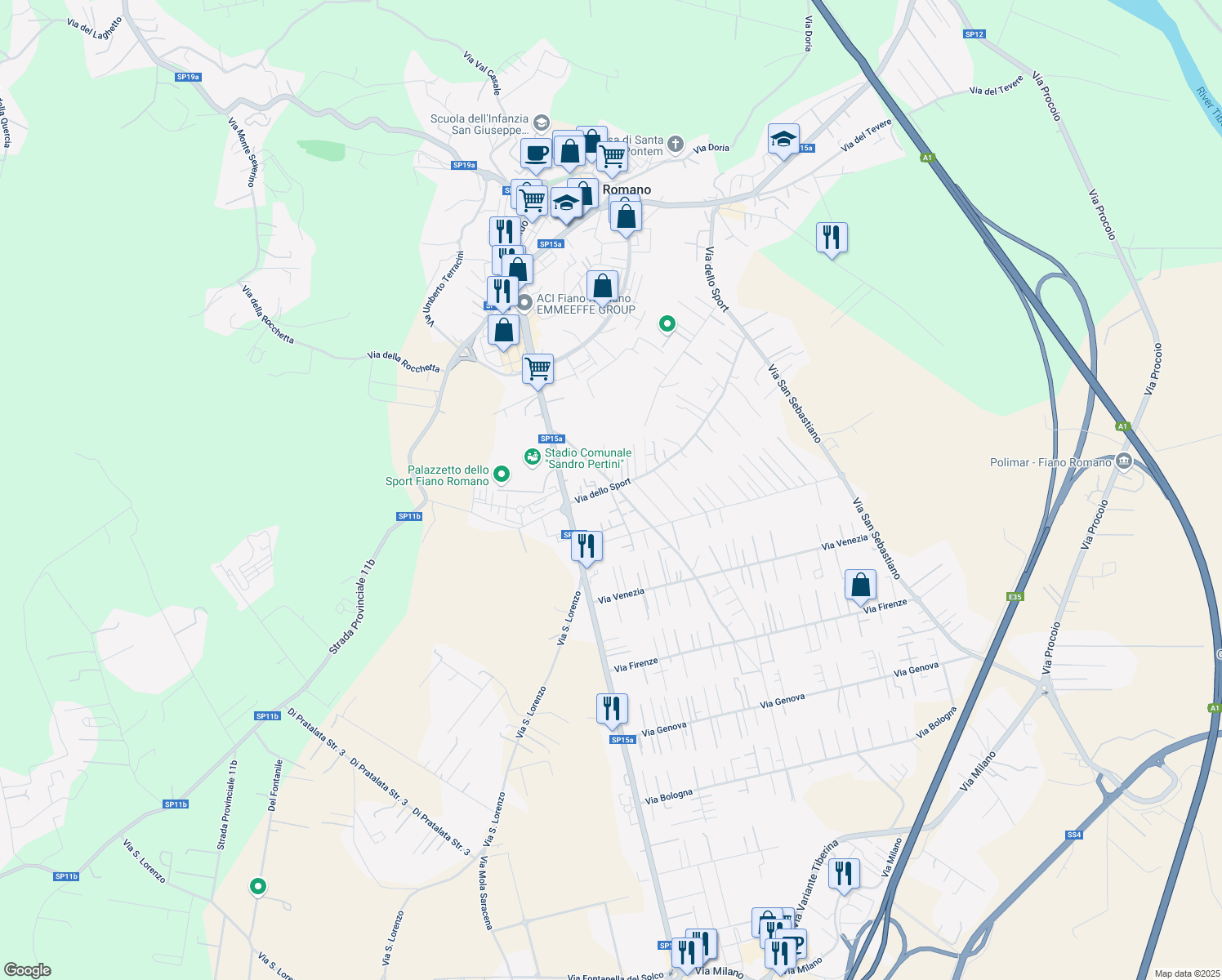 map of restaurants, bars, coffee shops, grocery stores, and more near 82A Via dello Sport in Fiano Romano