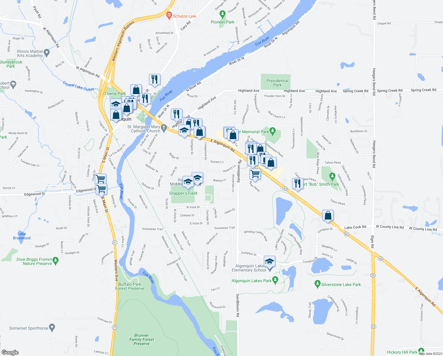 map of restaurants, bars, coffee shops, grocery stores, and more near 14 Walnut Lane in Algonquin