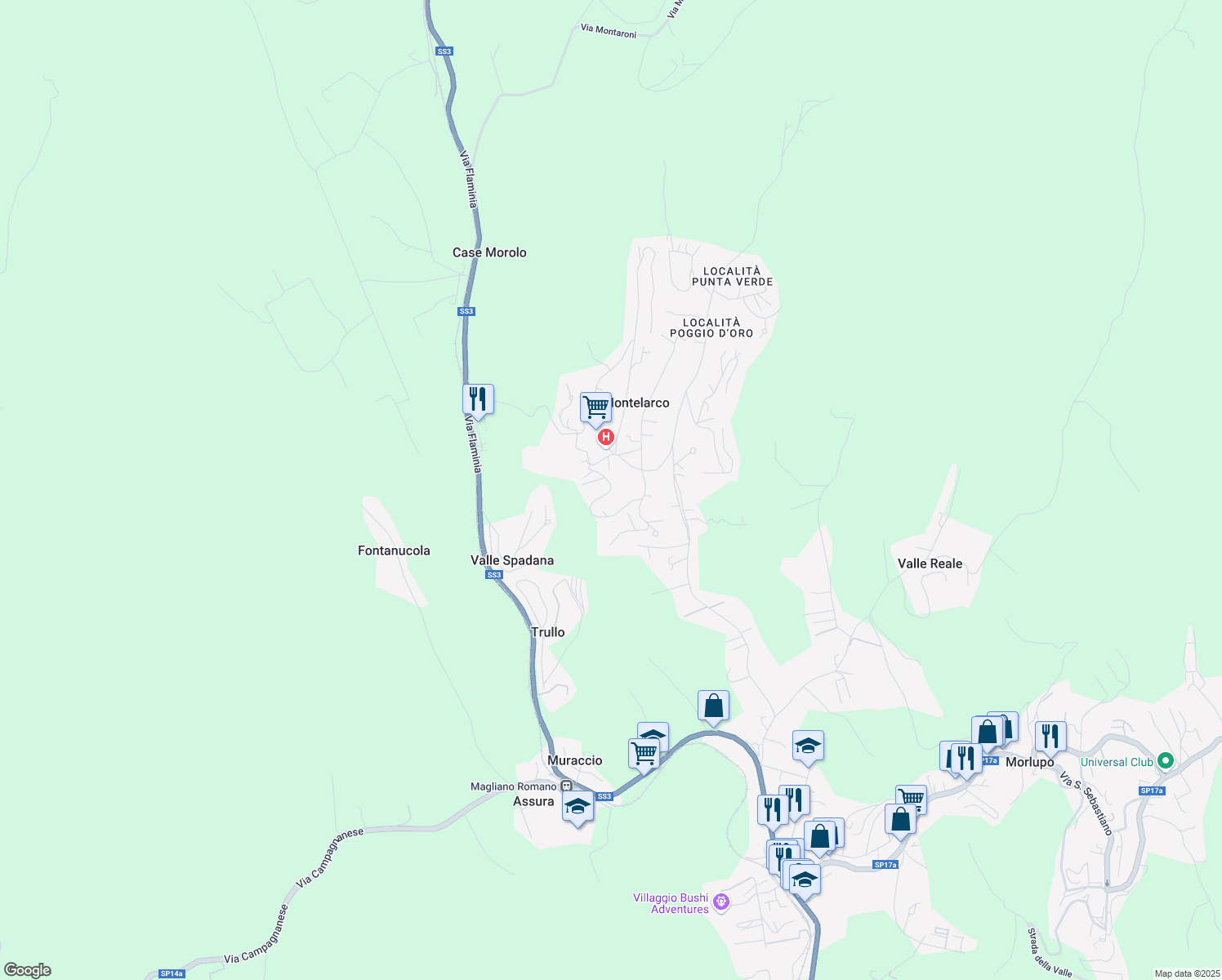 map of restaurants, bars, coffee shops, grocery stores, and more near 3 Via della Lira in Montelarco