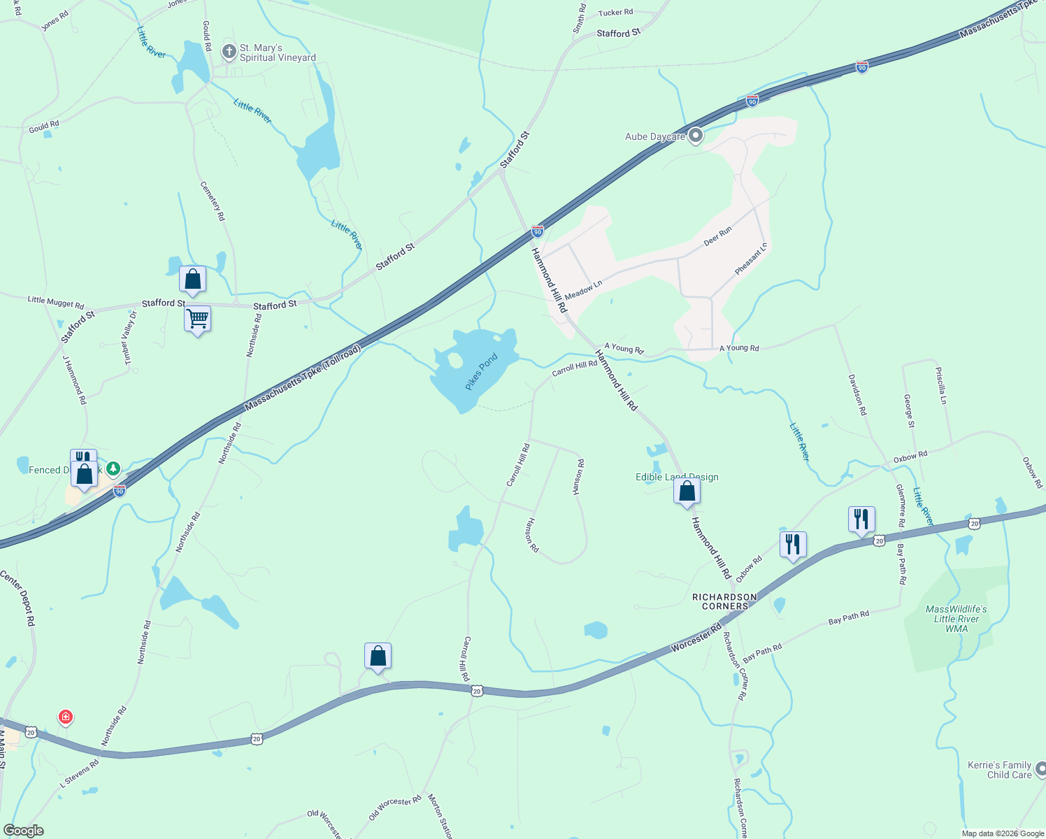 map of restaurants, bars, coffee shops, grocery stores, and more near 47 Carroll Hill Road in Charlton