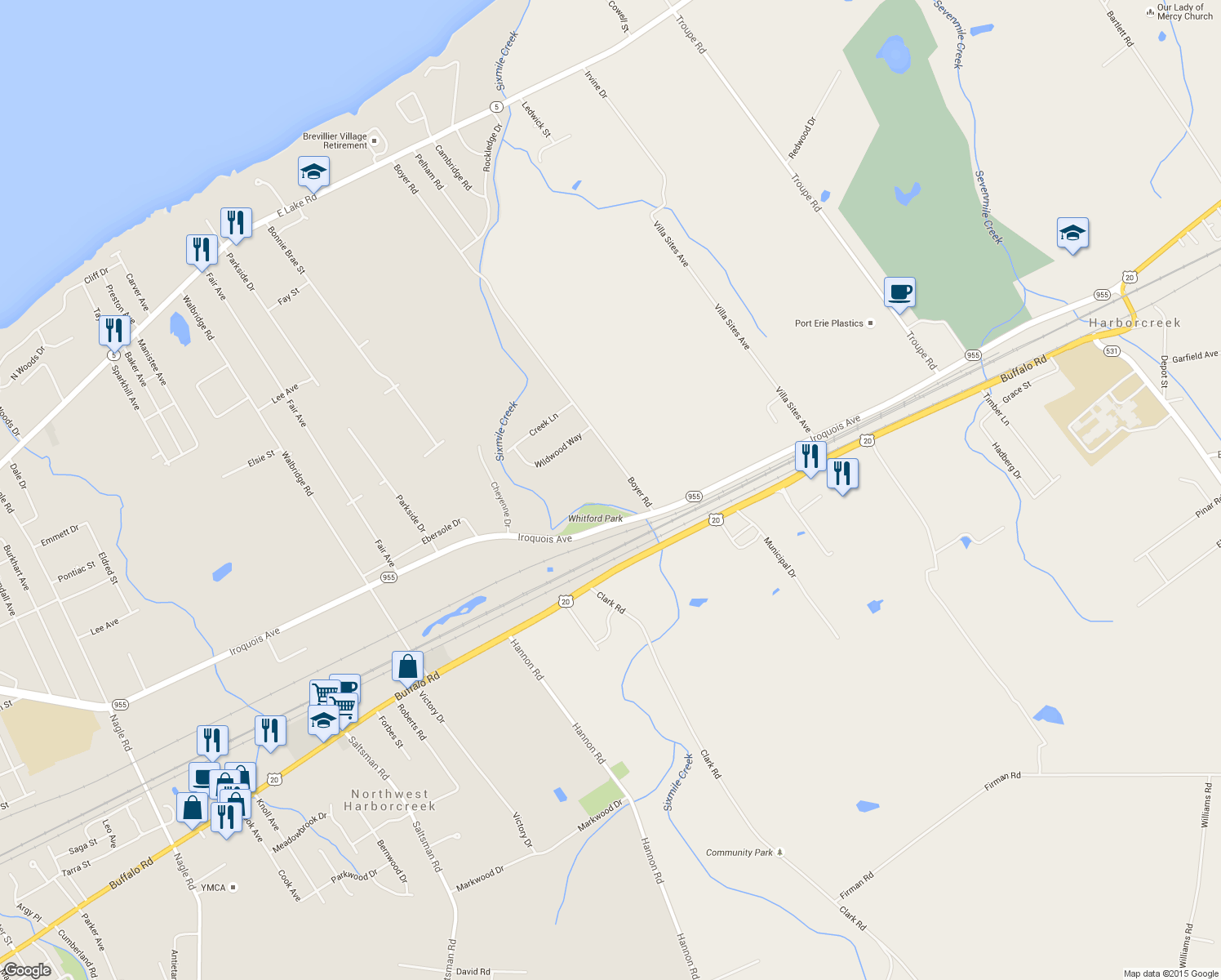 map of restaurants, bars, coffee shops, grocery stores, and more near 1330 Boyer Rd in Erie