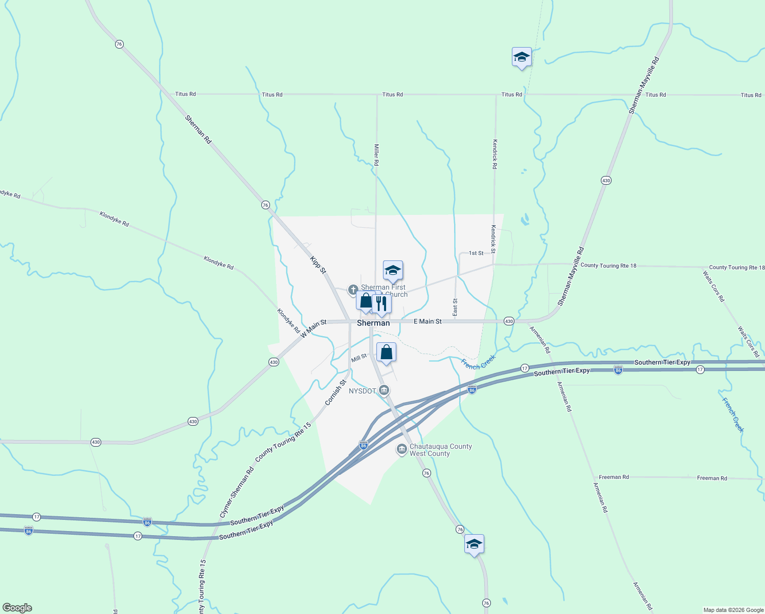 map of restaurants, bars, coffee shops, grocery stores, and more near 108 Miller Street in Sherman