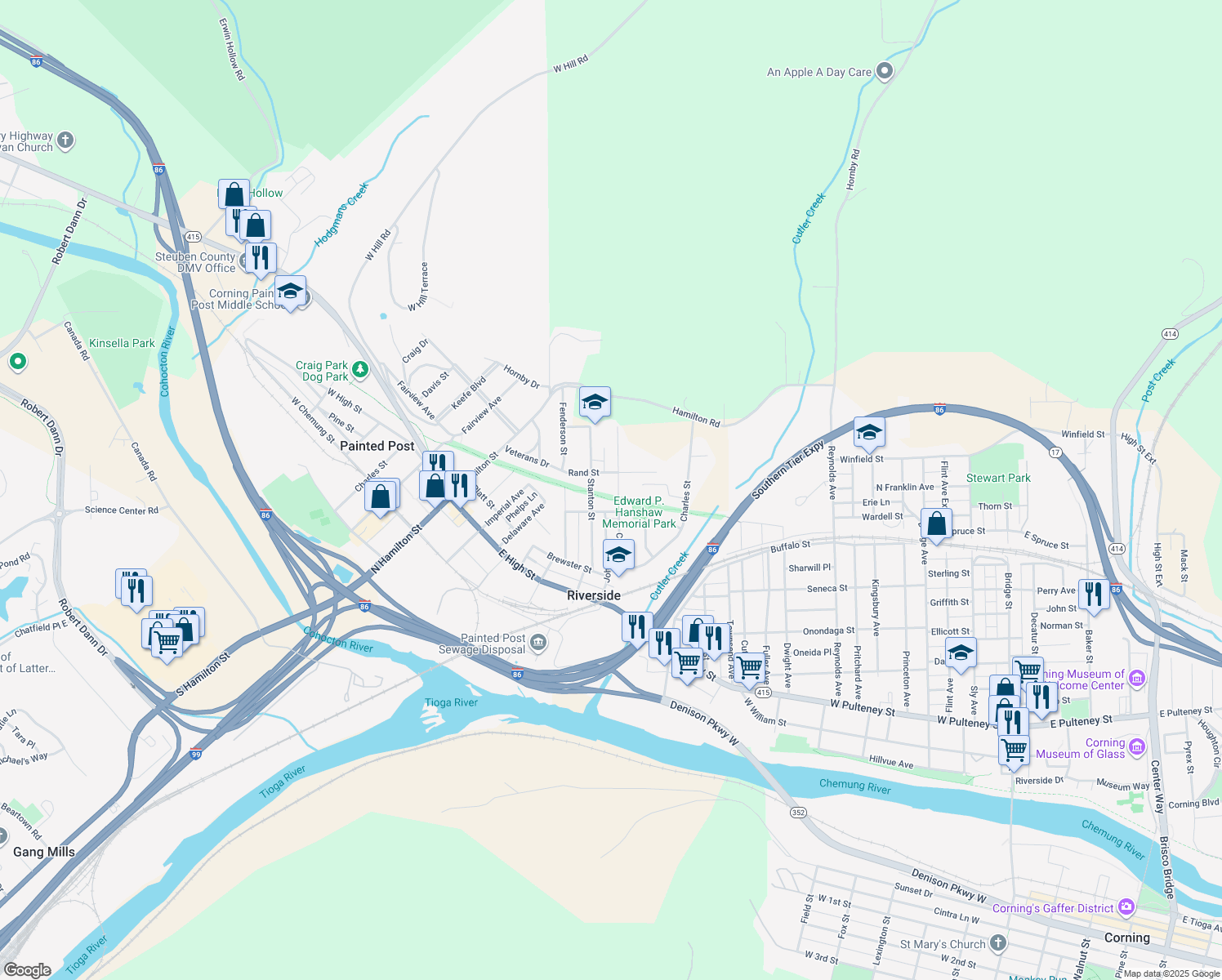 map of restaurants, bars, coffee shops, grocery stores, and more near 3289 Clark Street in Painted Post