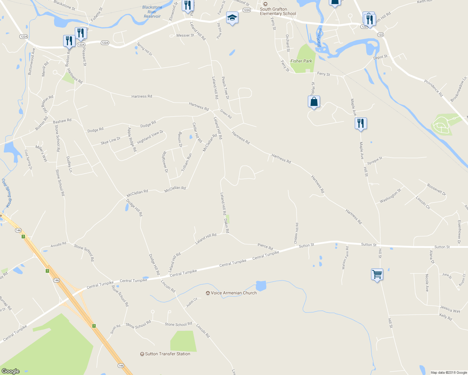 map of restaurants, bars, coffee shops, grocery stores, and more near 20 Partridge Hill Road in Sutton