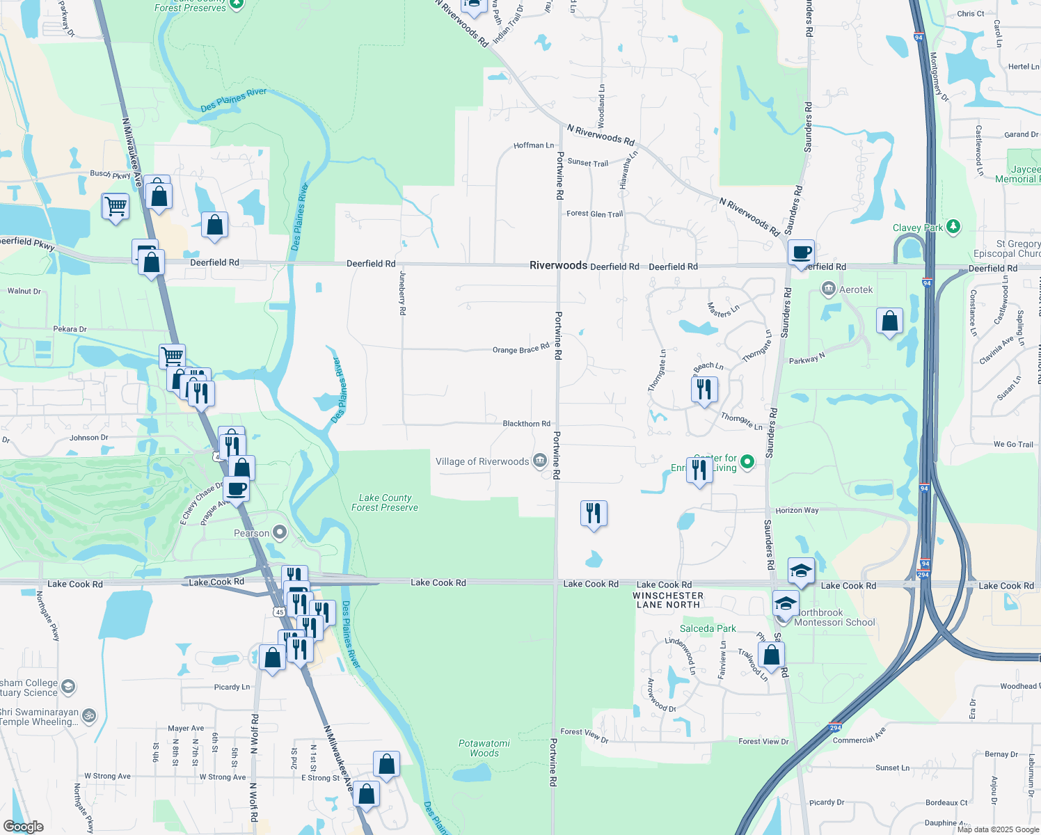 map of restaurants, bars, coffee shops, grocery stores, and more near 2880 Blackthorn Road in Riverwoods