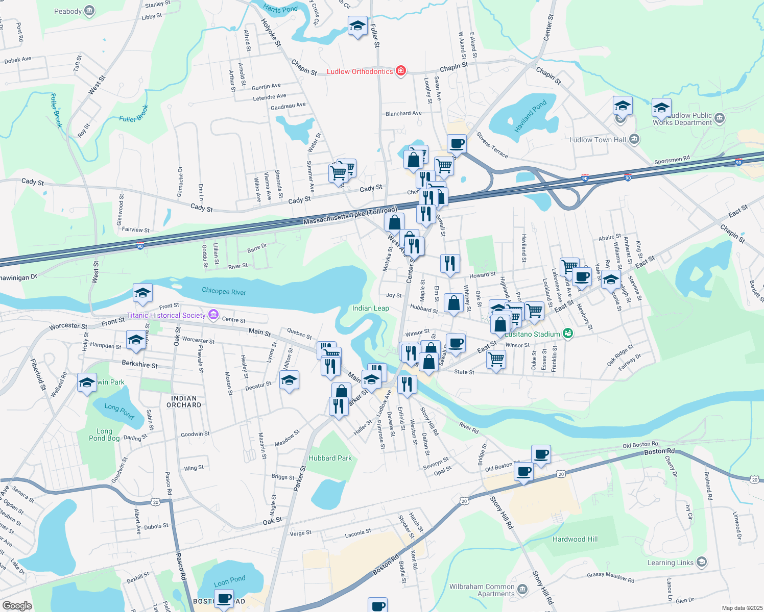 map of restaurants, bars, coffee shops, grocery stores, and more near 4 Rogers Ave in Ludlow