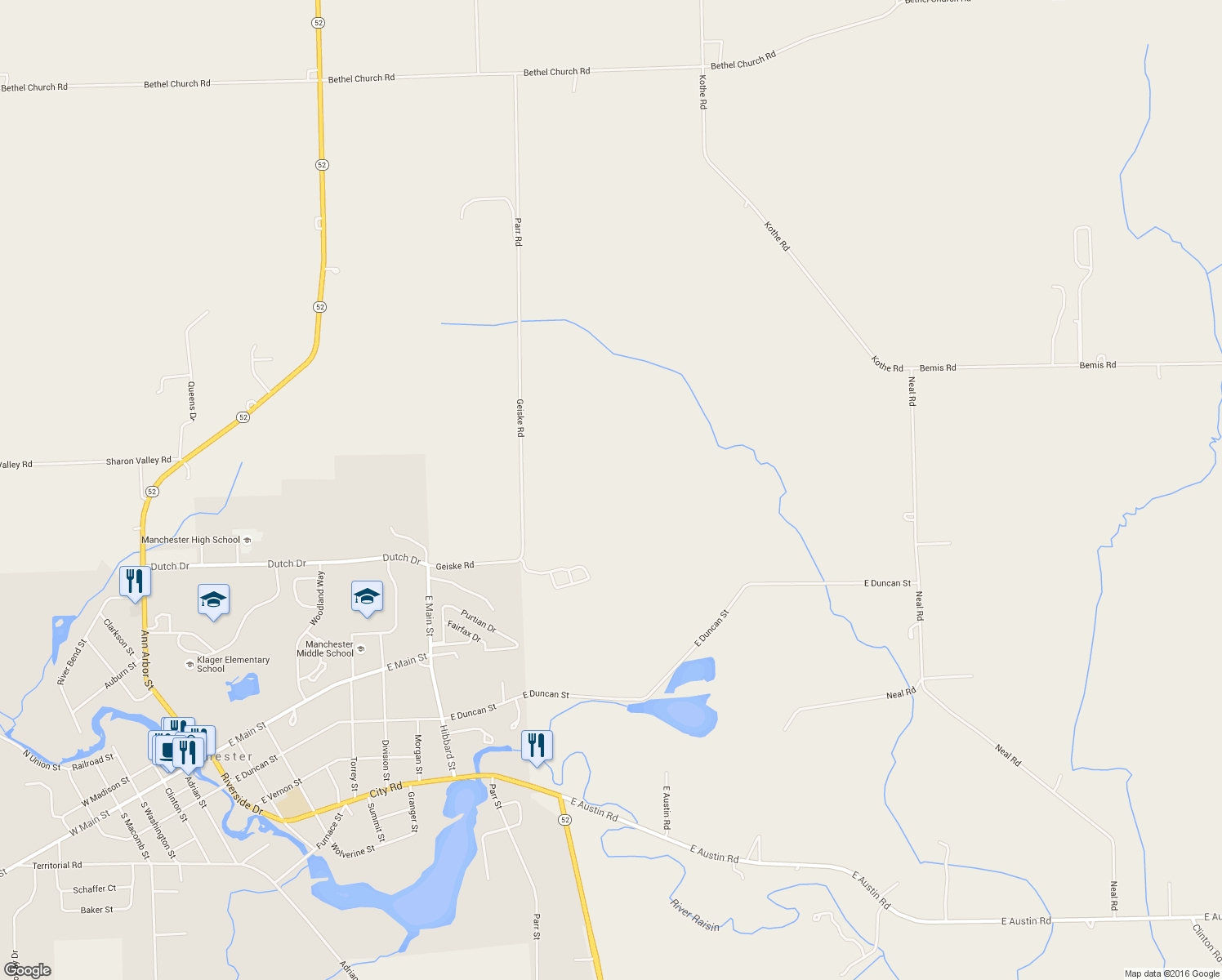 map of restaurants, bars, coffee shops, grocery stores, and more near 11491 Parr Road in Manchester