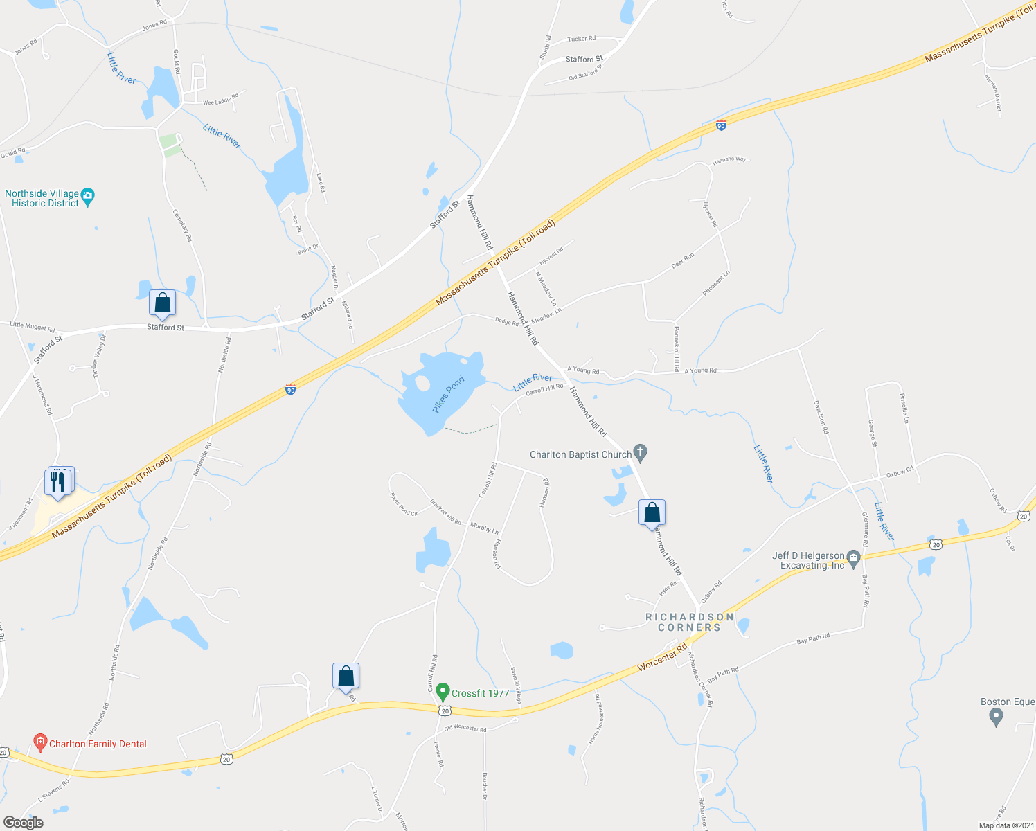 map of restaurants, bars, coffee shops, grocery stores, and more near 19 Carroll Hill Road in Charlton